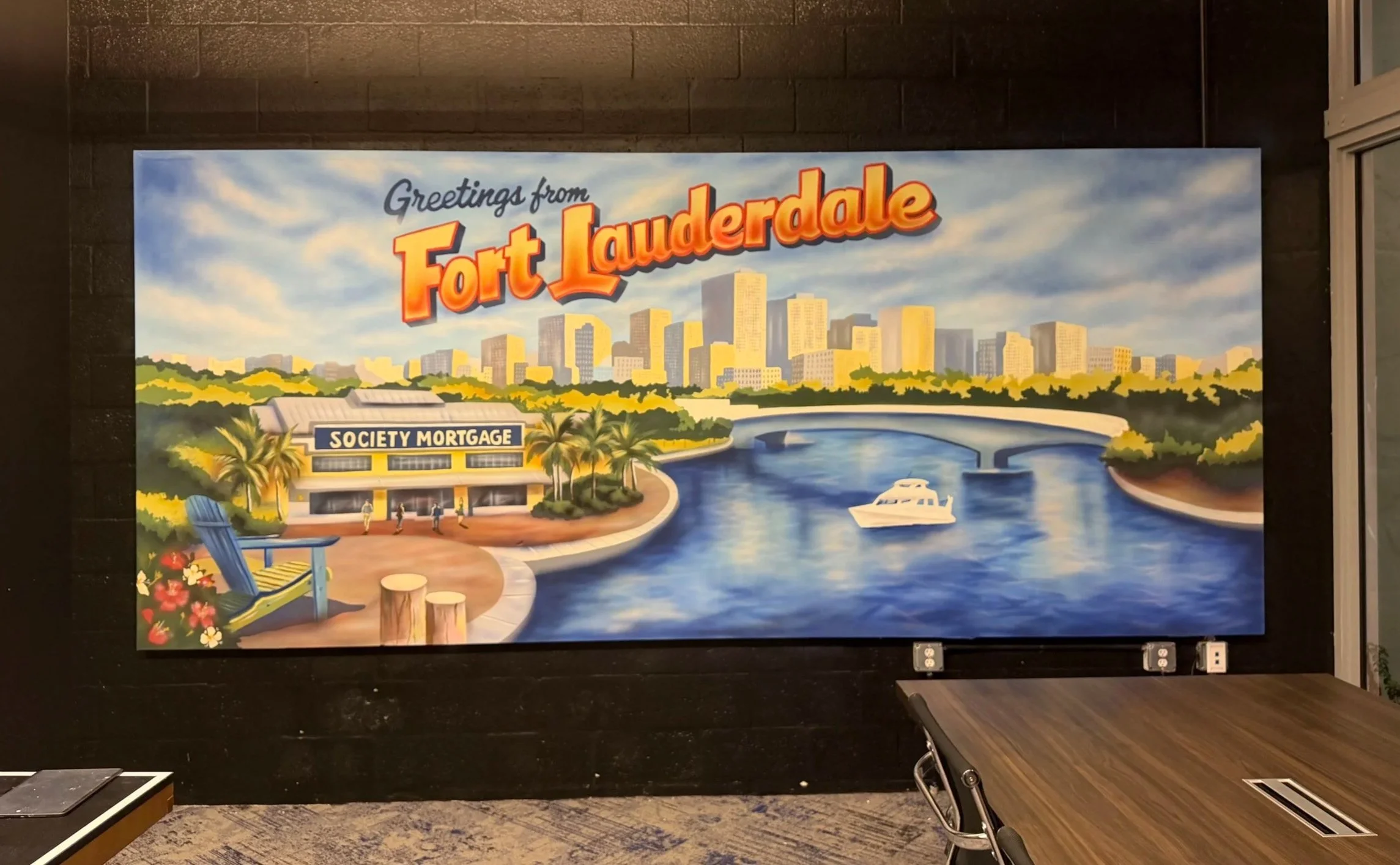 Custom Fort Lauderdale landmark mural inside the Society Mortgage office