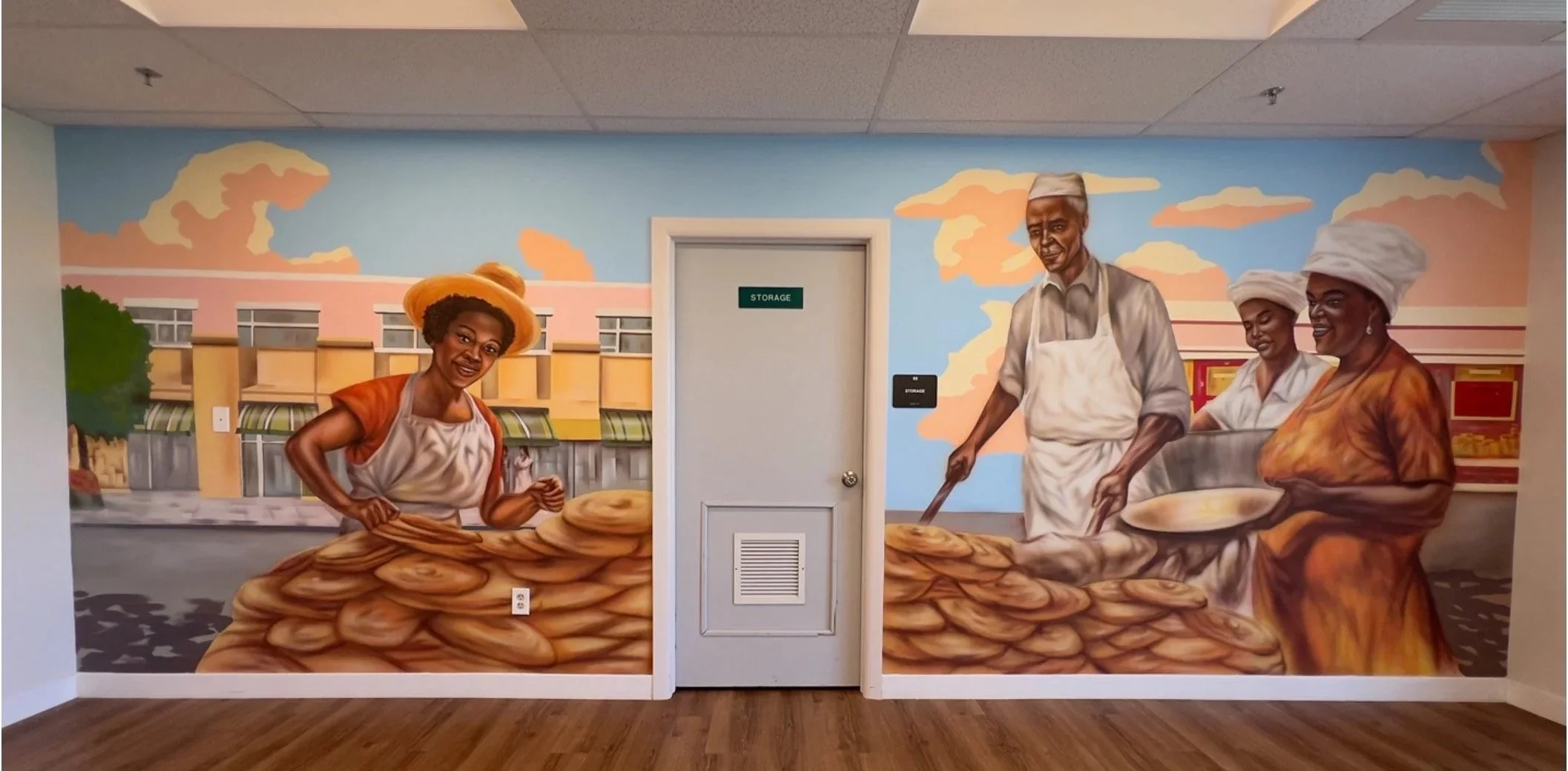 Community heritage mural honoring traditional bread makers and neighborhood history