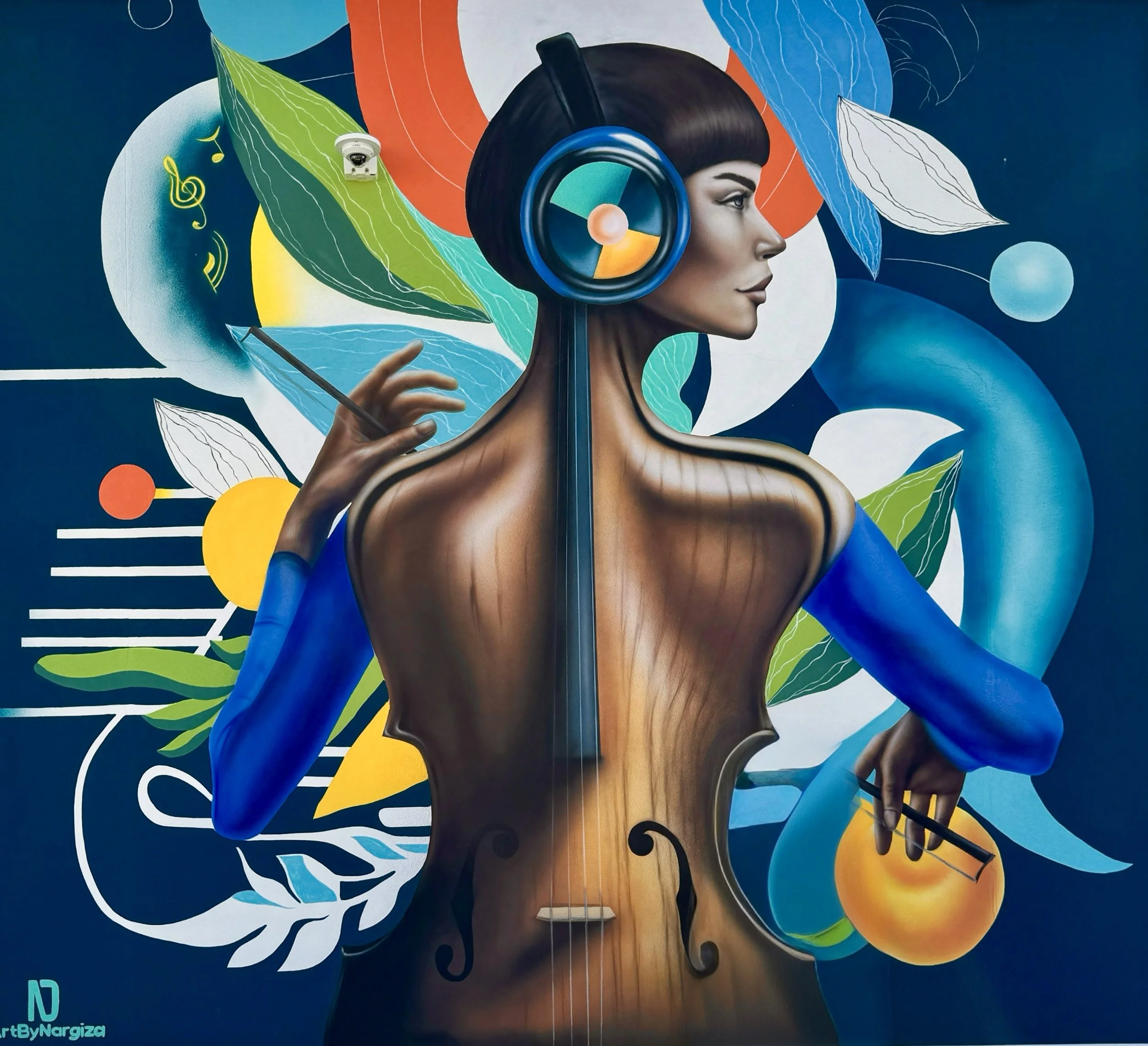 Completed Timeless Fusion mural showing a violin-shaped woman wearing headphones at Thrive Art District