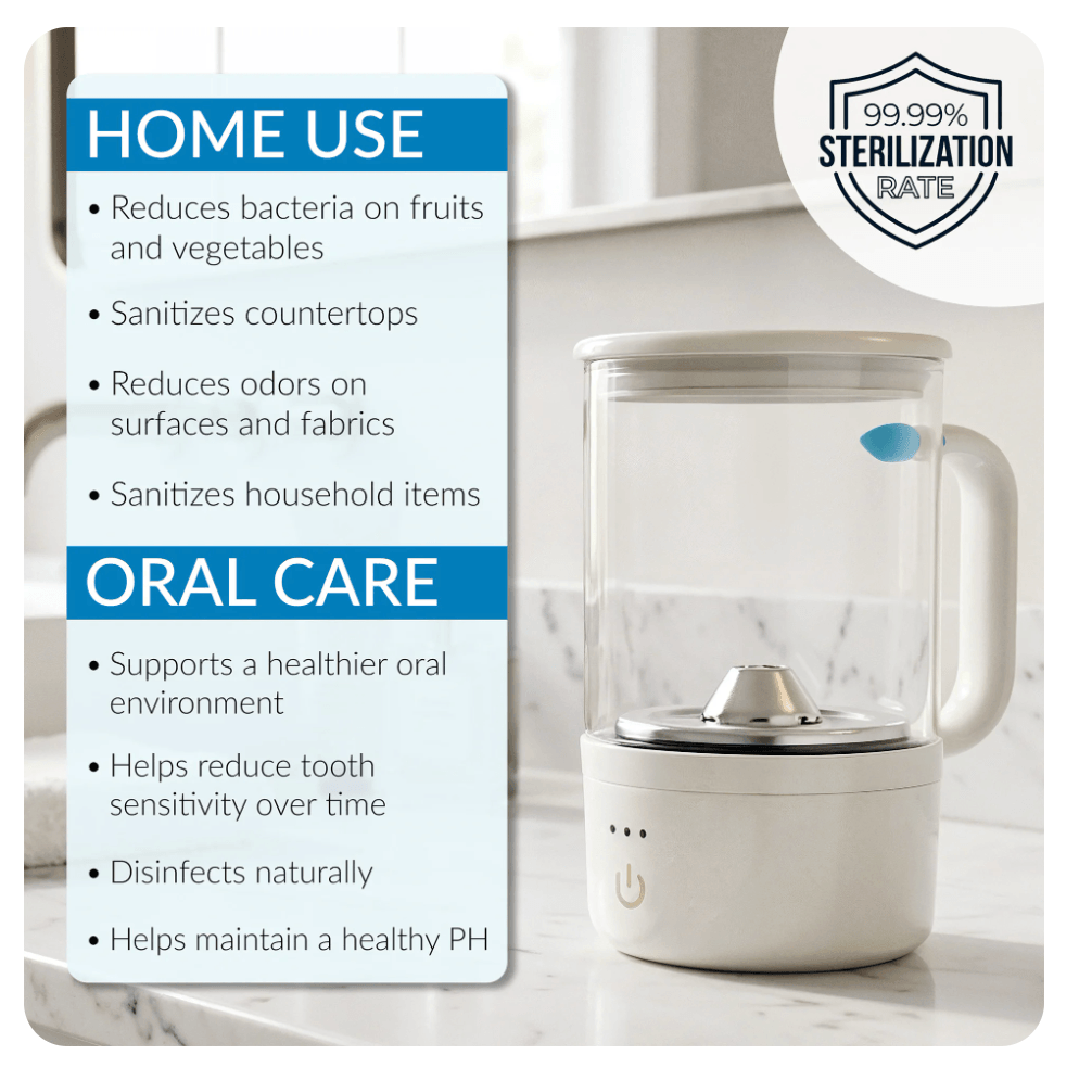 A home electronic device with a clear container and a white base, used for sterilization and oral care, placed on a marble countertop with a white background.