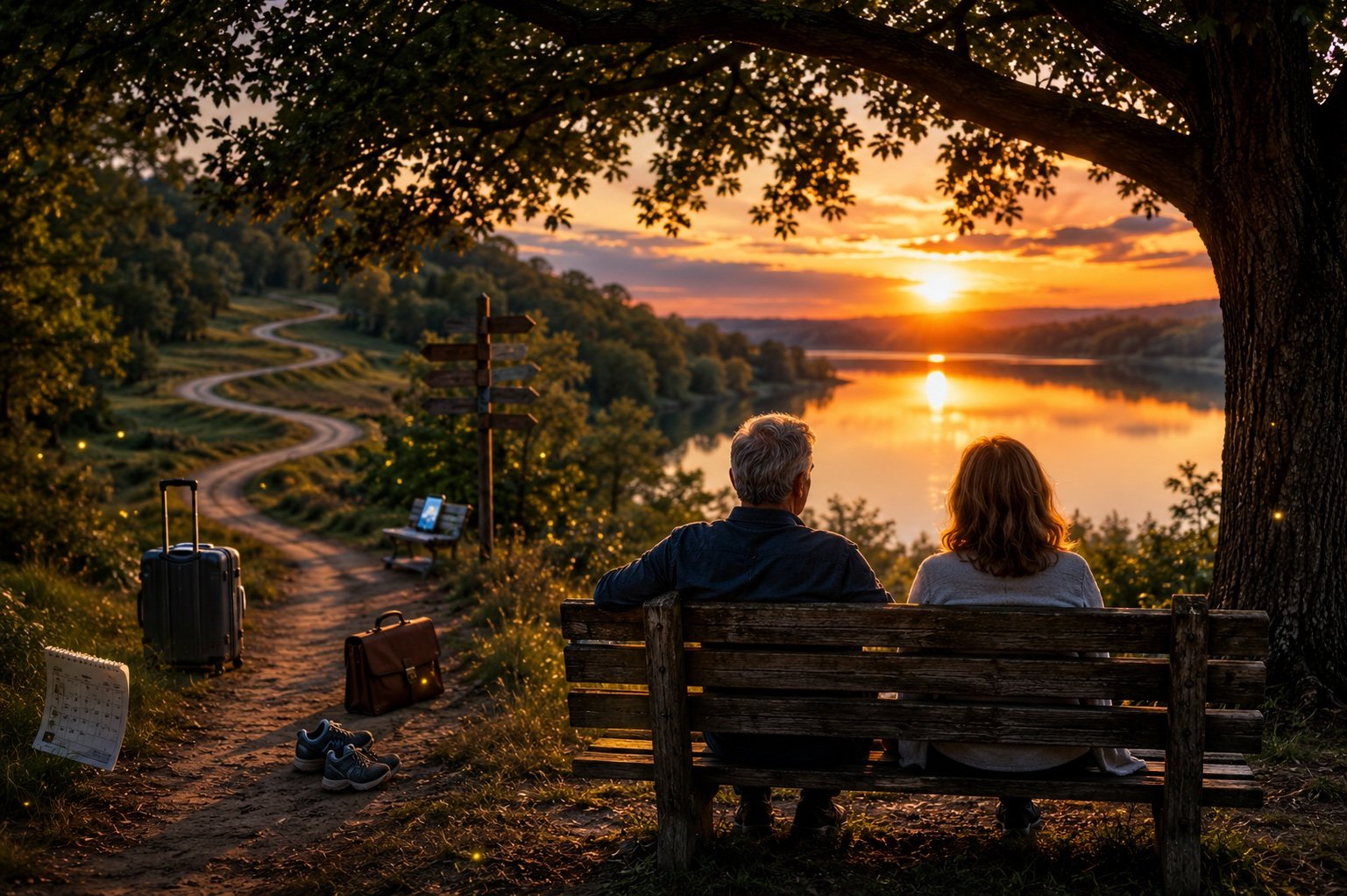 Man and woman sitting beneath a tree overlooking a peaceful lake at sunset, reflecting on stillness as symbols of life's constant pursuits fade into the background.