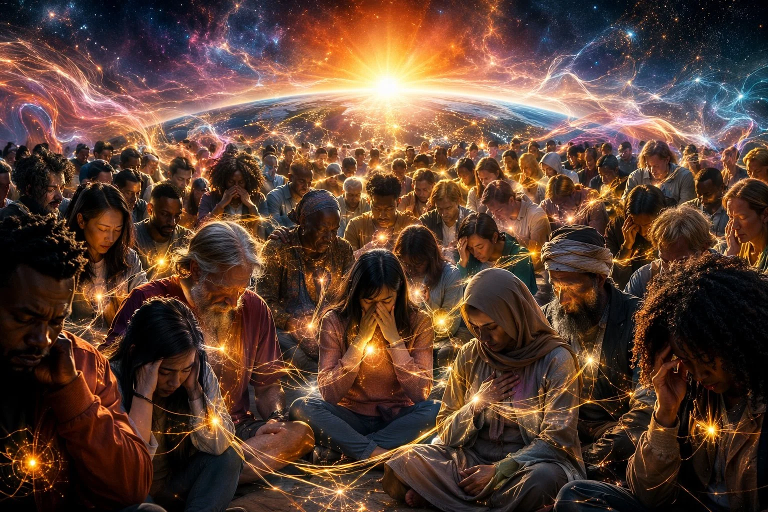 A diverse group of people from around the world sitting together in shared overwhelm, connected by glowing energy threads symbolizing collective human consciousness and unity