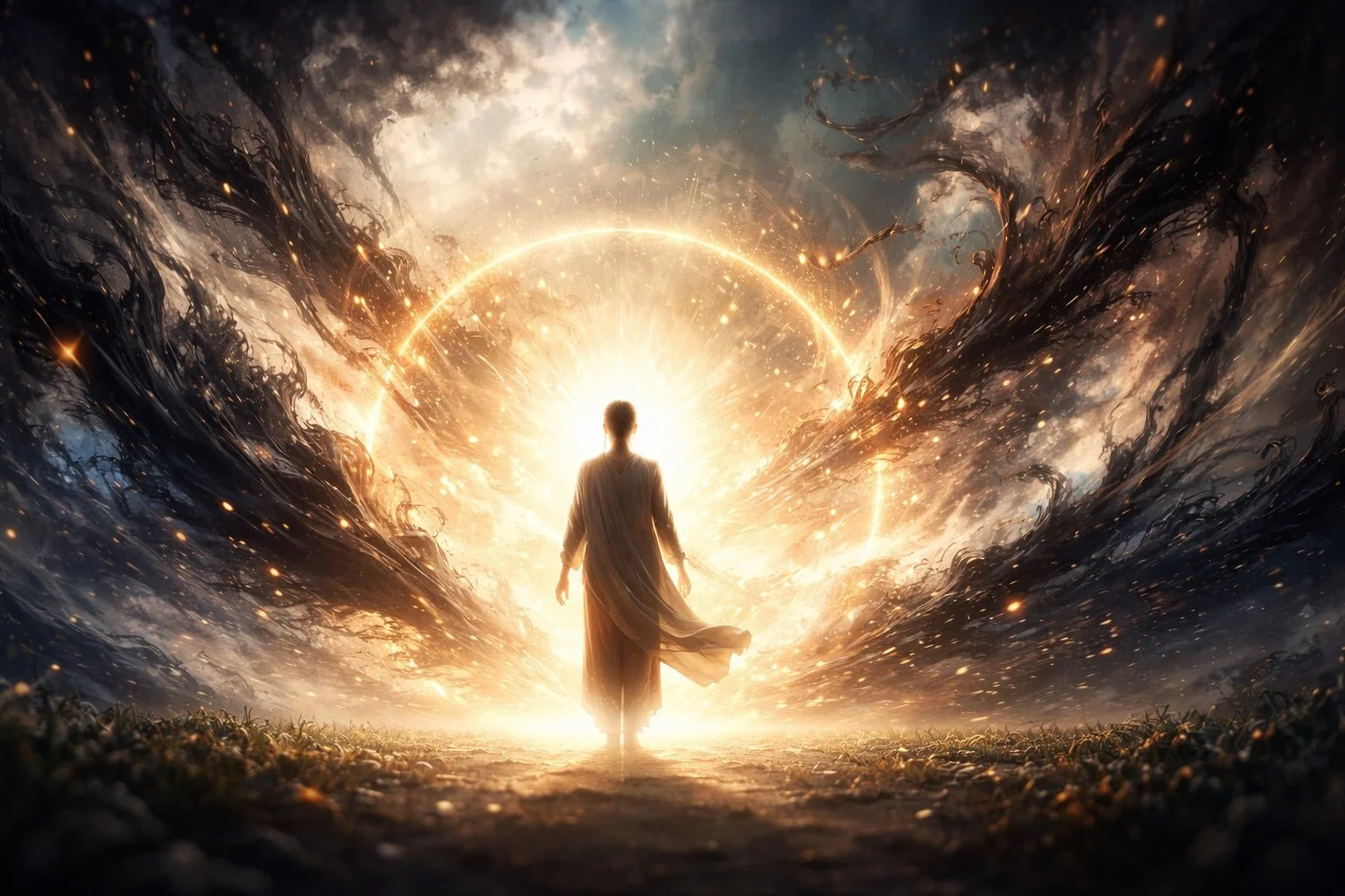 Person standing calmly while chaotic negative energy dissolves and returns outward, symbolizing spiritual protection through inner alignment and energetic coherence