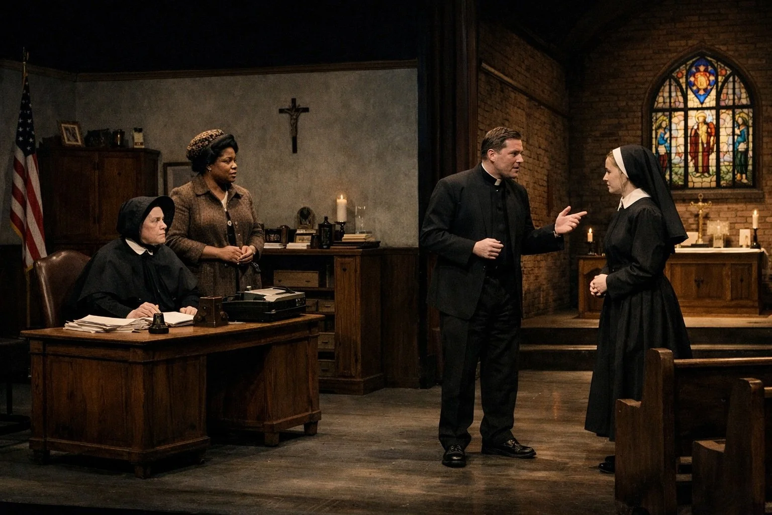 Human consciousness wrestling with doubt, authority, and truth as emotional tension rises within a staged moment of awakening