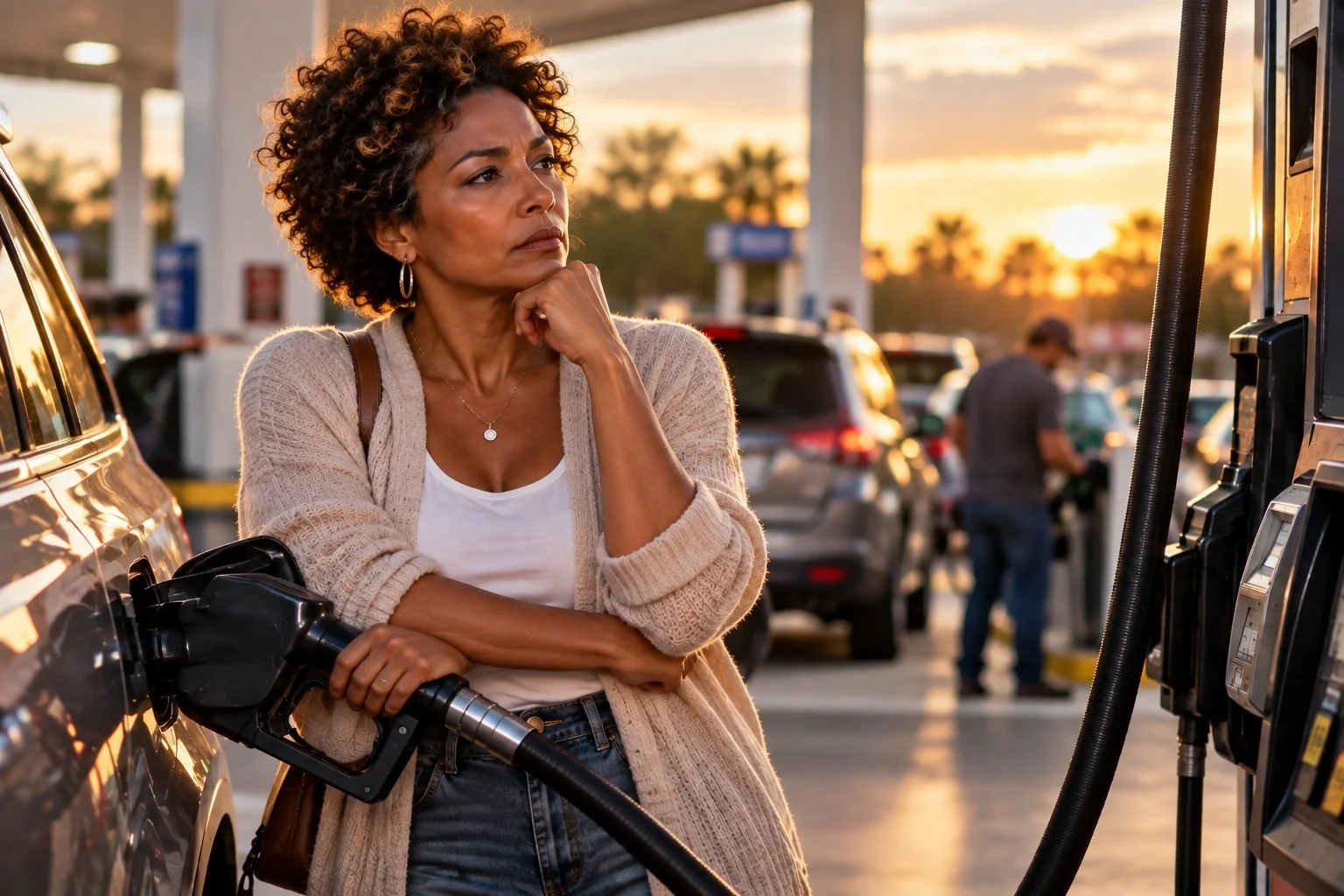 A multicultural woman with short natural Afro hair stands thoughtfully beside her vehicle at a gas station, representing the emotional pressure, fear, scarcity and uncertainty people may experience during periods of high gasoline prices.