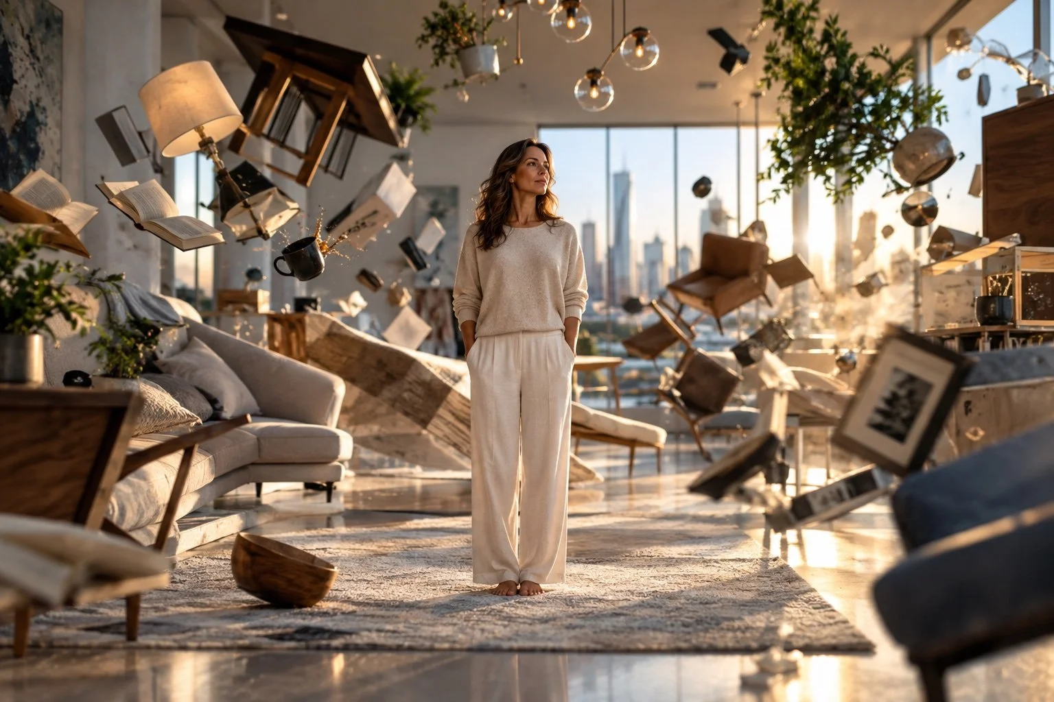 A calm woman stands motionless while furniture and everyday objects swirl around her, symbolizing humanity's tendency to rearrange the external world rather than transform within.