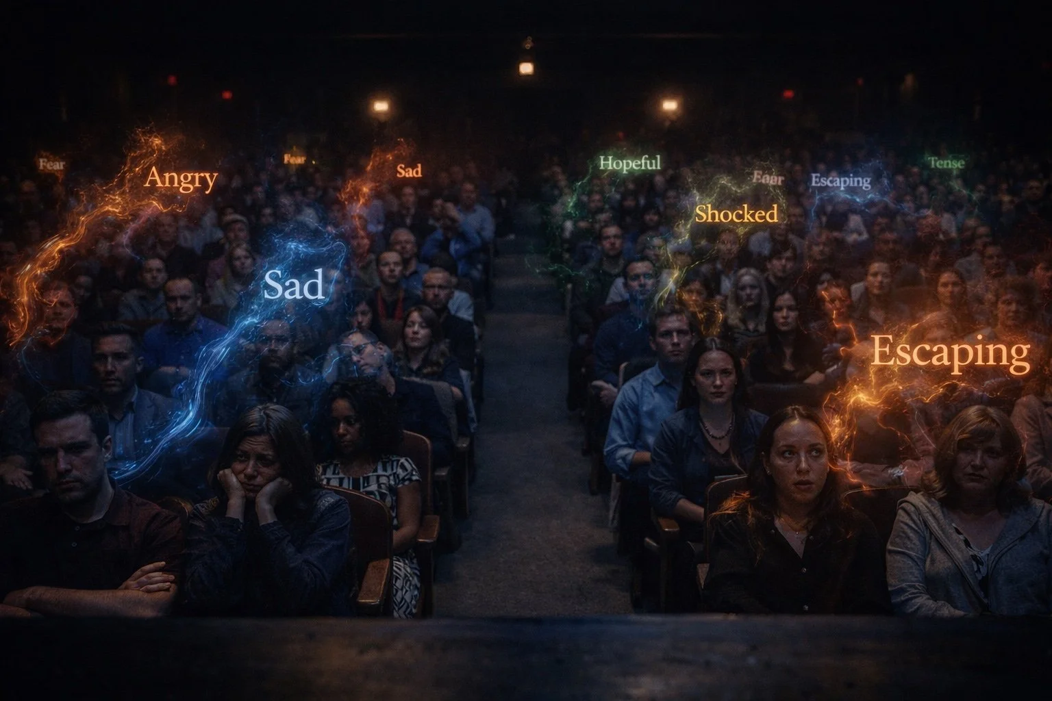 Crowd seated in a dim theater with visible waves of emotional energy—anger, sadness, shock, hope, and escape—radiating above different people