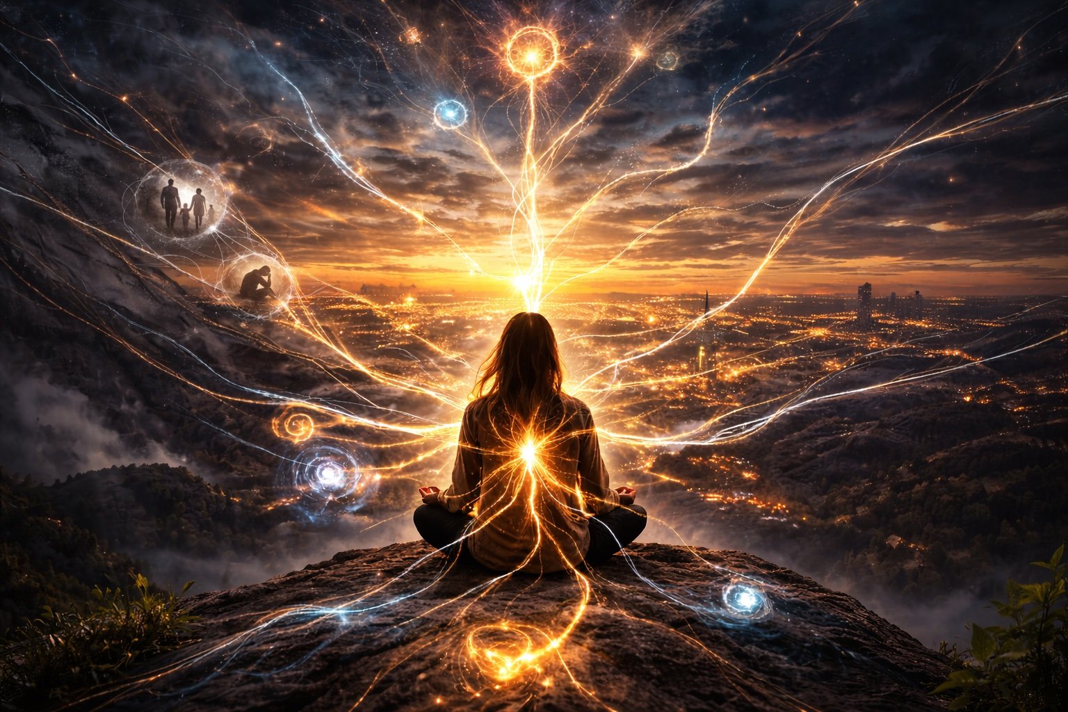 Person standing at sunrise connected by glowing energy threads symbolizing subconscious life patterns and spiritual alignment explored through Life in Synergy teachings.