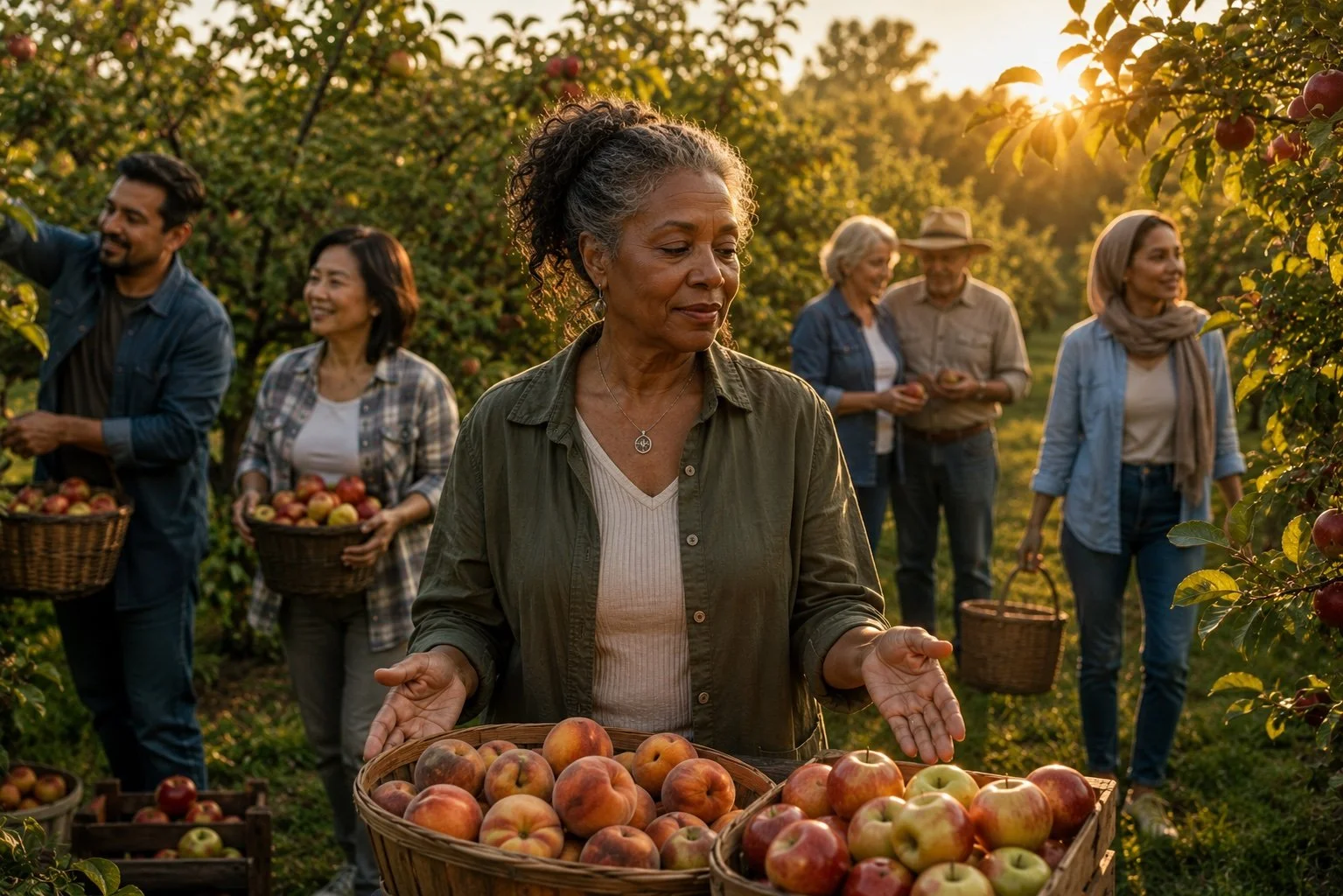 A diverse group of adults harvests fruit in a sunlit summer orchard while an older woman pauses before baskets overflowing with apples and peaches, reflecting the challenge of accepting abundance and receiving life's blessings.