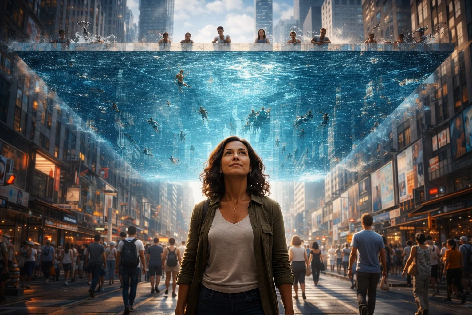 Middle-aged woman walking through a busy city street while an alternate world shaped like an upside-down swimming pool floats above the city, symbolizing awareness versus immersion and inner clarity through Life in Synergy.