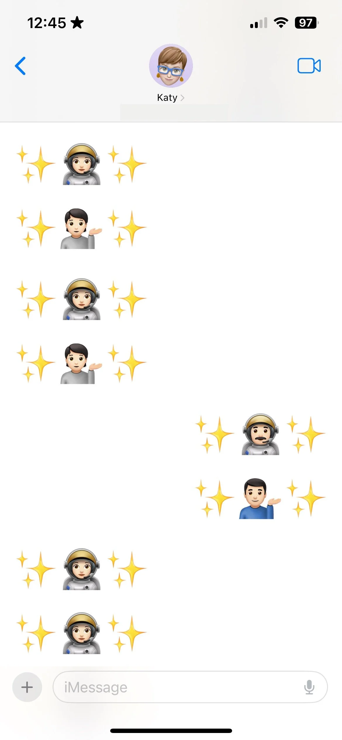 A screenshot of a conversation where each person just keeps sending the same collection of emoji over and over.