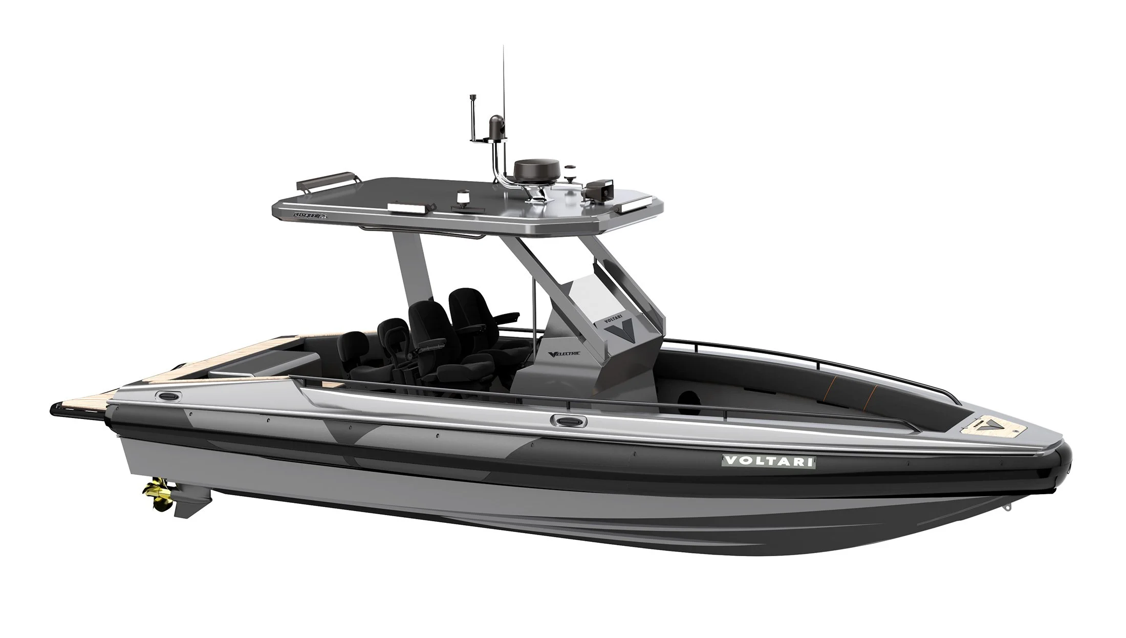 VOLTARI Product and Vessel branding - VOLTARI logo on VOLTARI Patrol CC RIB