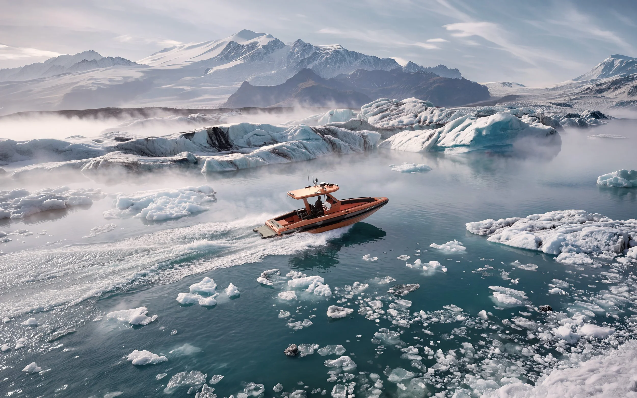 A boat navigating through icy waters surrounded by floating ice and glaciers with snow-covered mountains in the background.