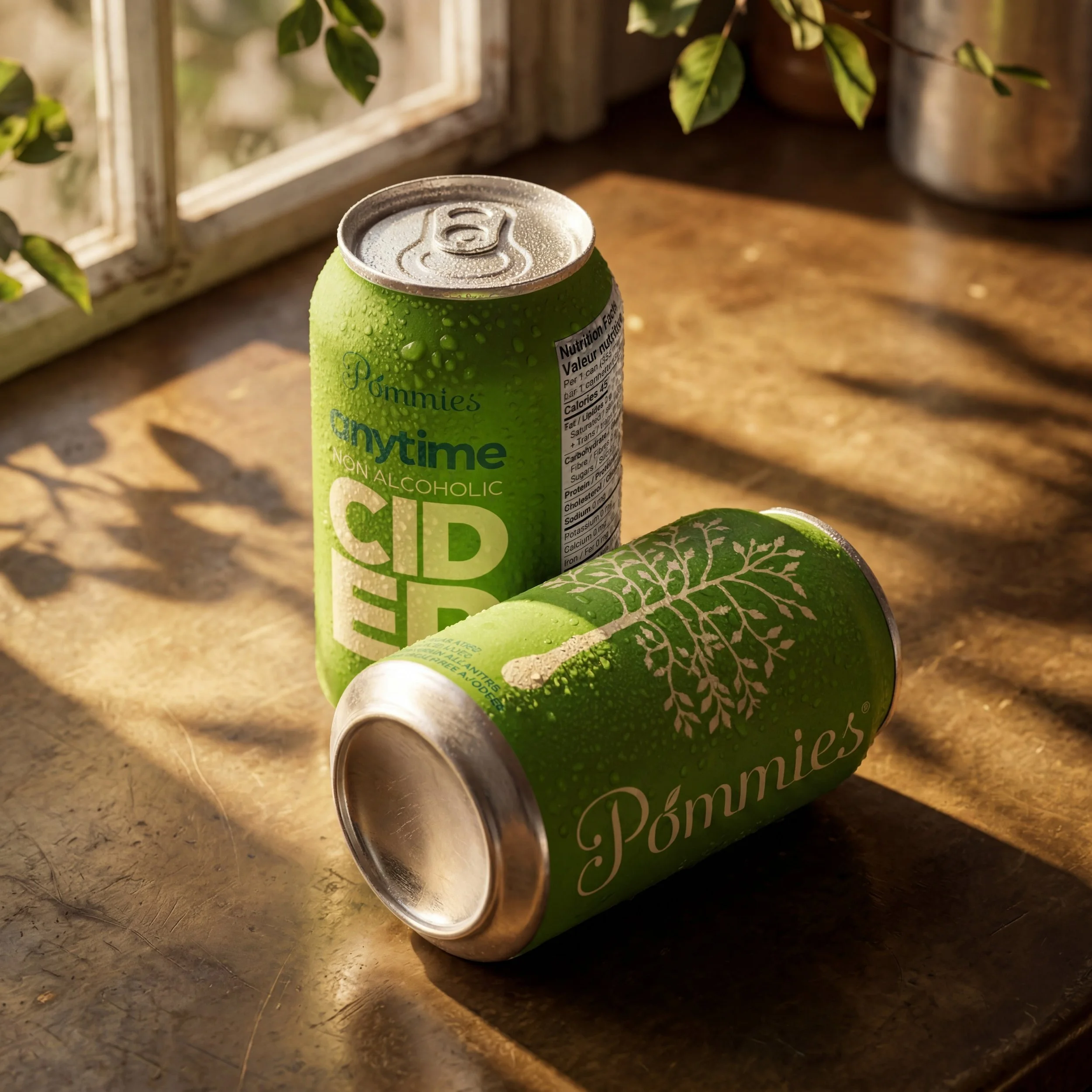 Packaging Design for Pommies Anytime Non-alcoholic cider on a wood table by a sunny window