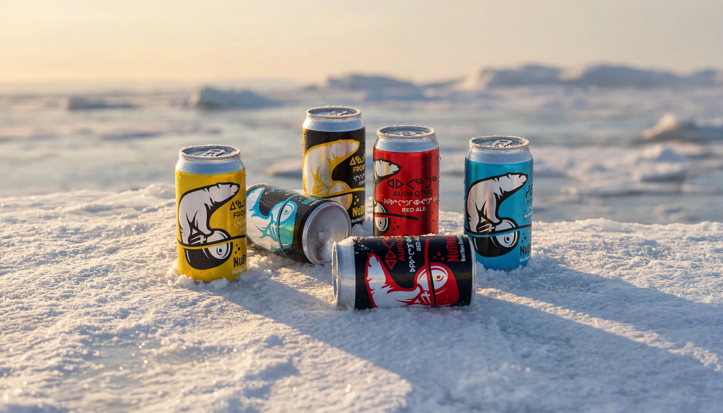 Colorful cans of NuBrew beer partially buried in snow on a beach or snowy landscape, with a blurred horizon and ice chunks in the background.
