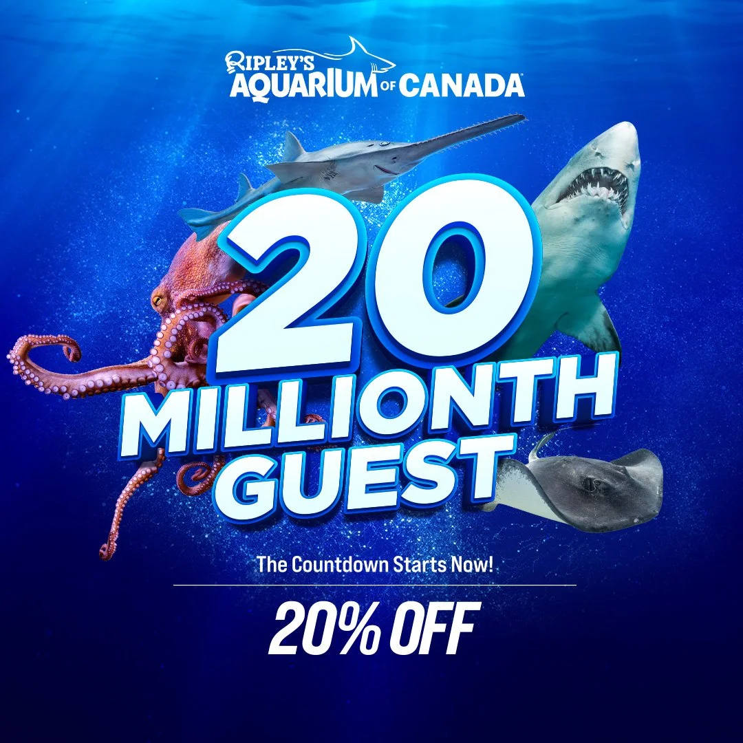 3D text reading 20 Millionth Guest with marine animals bursting out from behind the text like a movie poster for Digital Promotional for Ripleys Aquarium of Canada