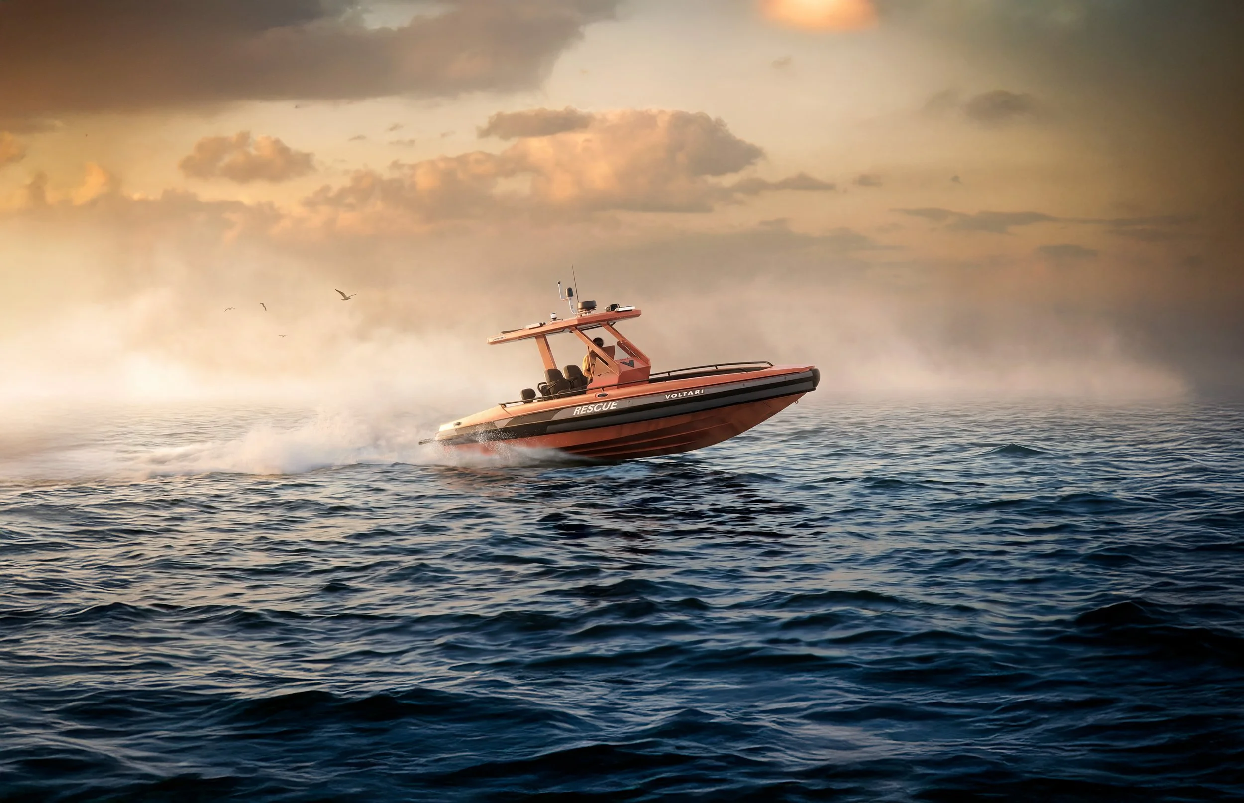 A rescue boat speeding across the ocean at sunset, creating a spray of water behind it, with a cloudy sky and birds flying in the background.