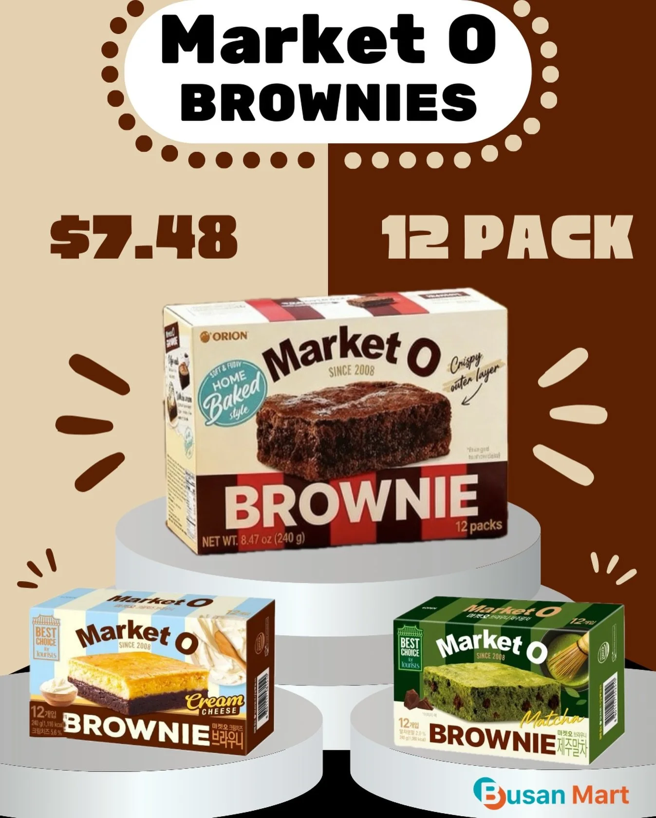 With three delicious flavors to choose from, Market O Brownies make the perfect dessert! We sell them in 12 Packs, perfect for sharing! 🍫❤️

Flavors:
&bull;Classic Chocolate
&bull;Cream Cheese
&bull;Matcha

&mdash;&mdash;&mdash;&mdash;&mdash;&mdash;