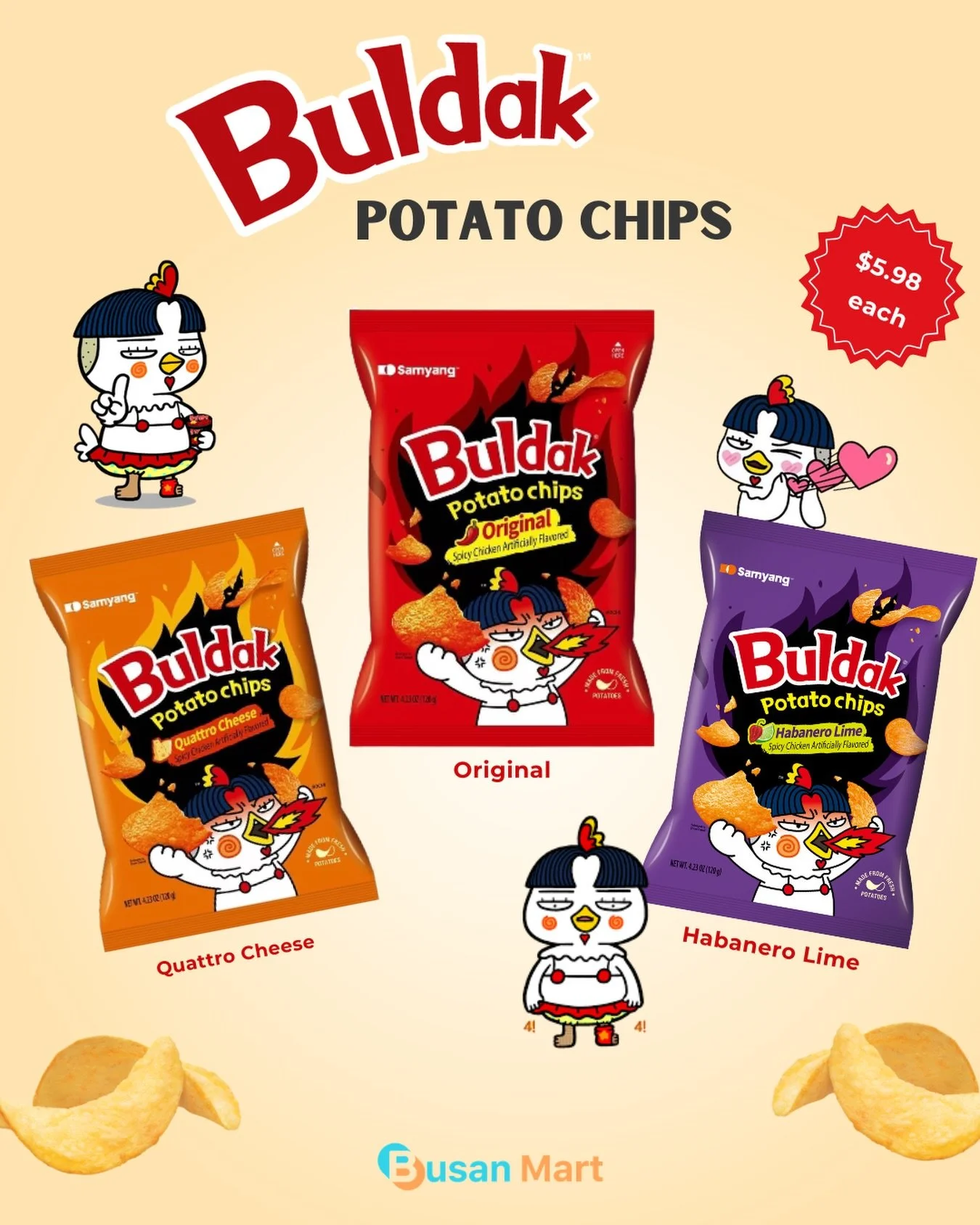 If you&rsquo;re a fan of Buldak Ramen, you&rsquo;ll love these chips. 🤤Available at Busan Mart in three delicious flavors! 🔥🧀🍋&zwj;🟩 
&mdash;&mdash;&mdash;
Culdesac Location:
📍2005 E Apache Blvd Suite 101, Tempe, AZ 85281
⏰Everyday 9:00am - 10: