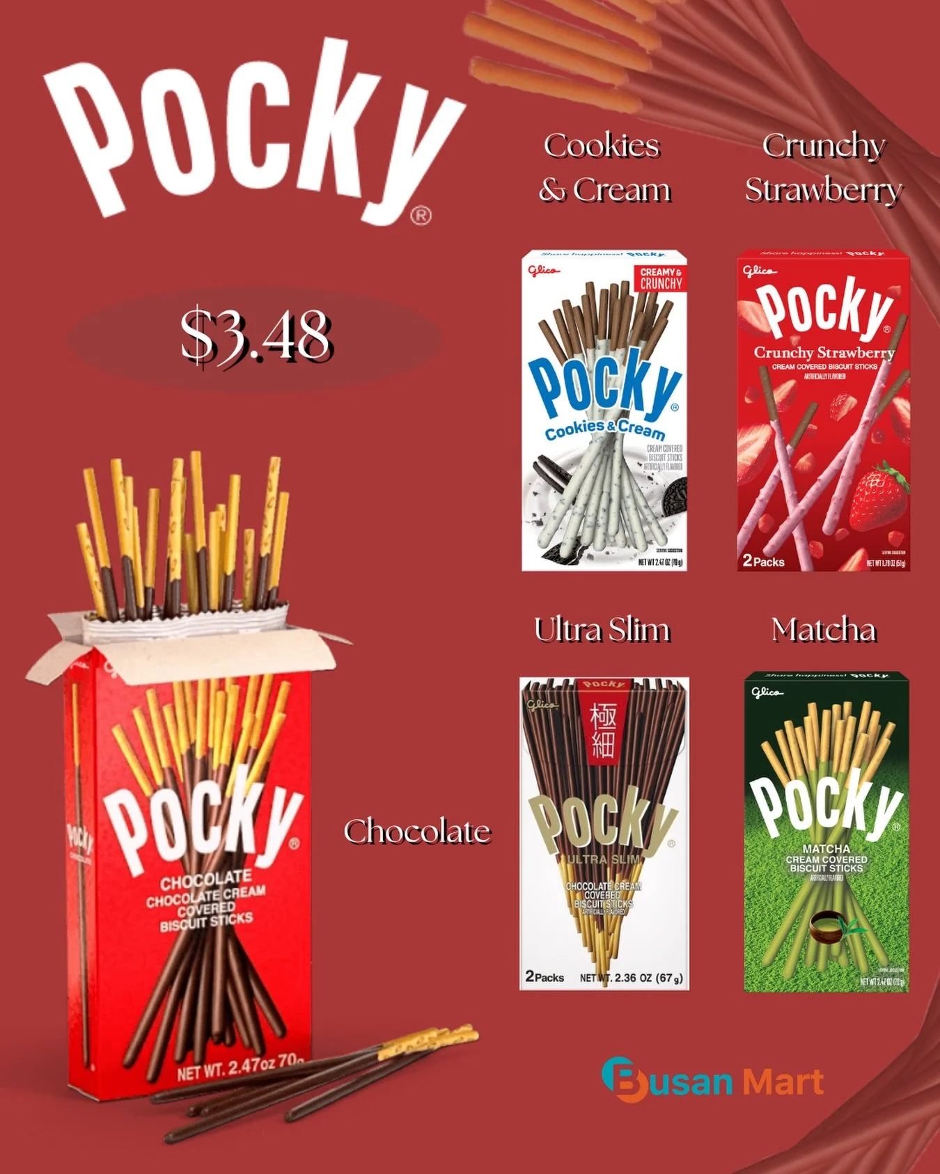 Product Feature: Pocky! ❤️

These beloved crispy sticks are a popular treat and are available in multiple flavors! 

🍫Chocolate
🍪Cookies and Cream
🍓Crunchy Strawberry
🤎Ultra Slim 
💚Matcha

Pocky are available at all Busan Mart locations however 