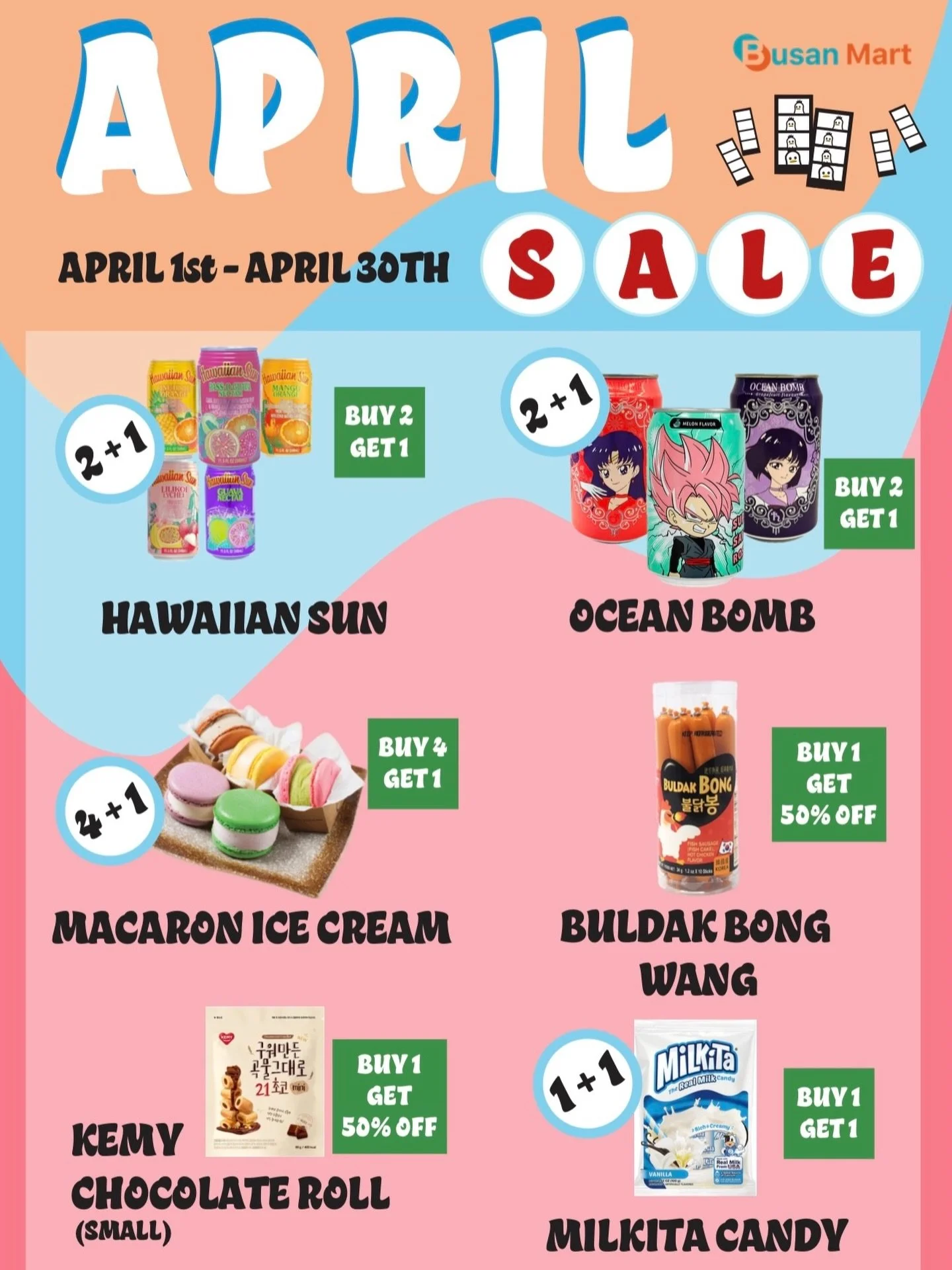 Busan Mart April Sale is here! Lots of amazing deals and prices for a variety of items!  Search for this poster in-store for details! ✨🌸

&mdash;&mdash;&mdash;&mdash;&mdash;&mdash;&mdash;&mdash;&mdash;&mdash;&mdash;&mdash;&mdash;&mdash;&mdash;

Culd
