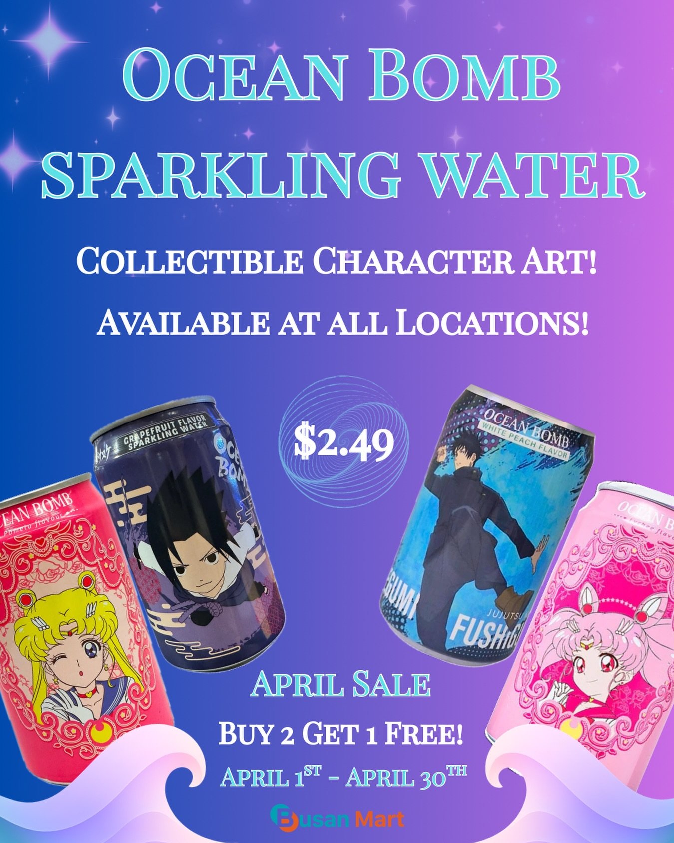 Product Feature: Ocean Bomb Sparkling Waters! 🌊✨

There are so many different animes represented on these fun cans! They&rsquo;re also available as part of our April Deal: Buy 2 Get 1 Free until the end of April! 💜

&mdash;&mdash;&mdash;&mdash;&mda