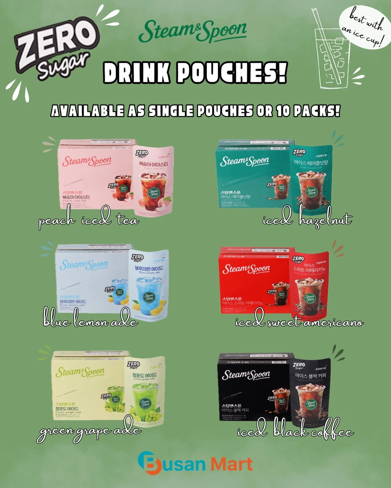 Product Feature: Steam &amp; Spoon ZERO SUGAR Drink Pouches! 🥤🧊

All of the sips, none of the sugar! These drink pouches are available as a single pouch or in a 10 pack to keep sipping at home! Don&rsquo;t forget the ice cup! 🧊 Flavors available:
