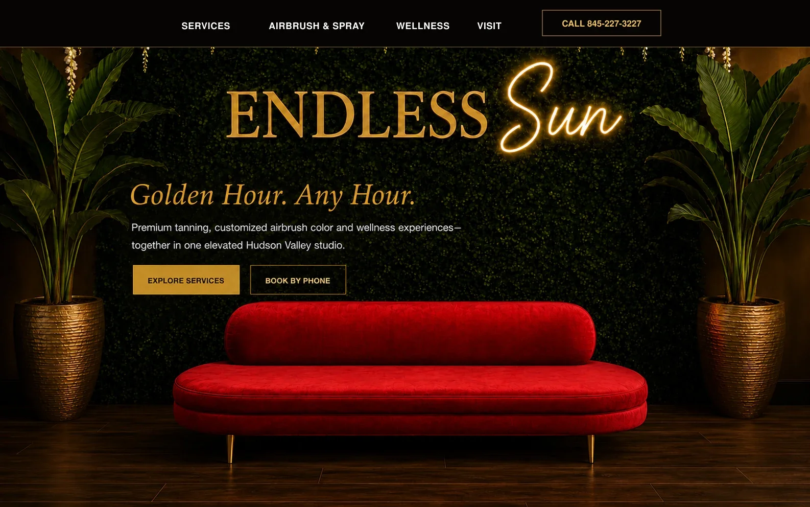 Endless Sun tanning and wellness salon.  Golden hour, any hour.  Explore services or book by phone.