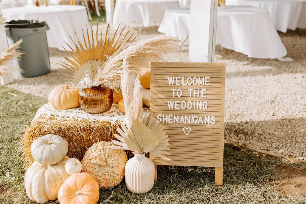  a boho signage setup with a letterboard spelling out “welcome to the shenanigans” 