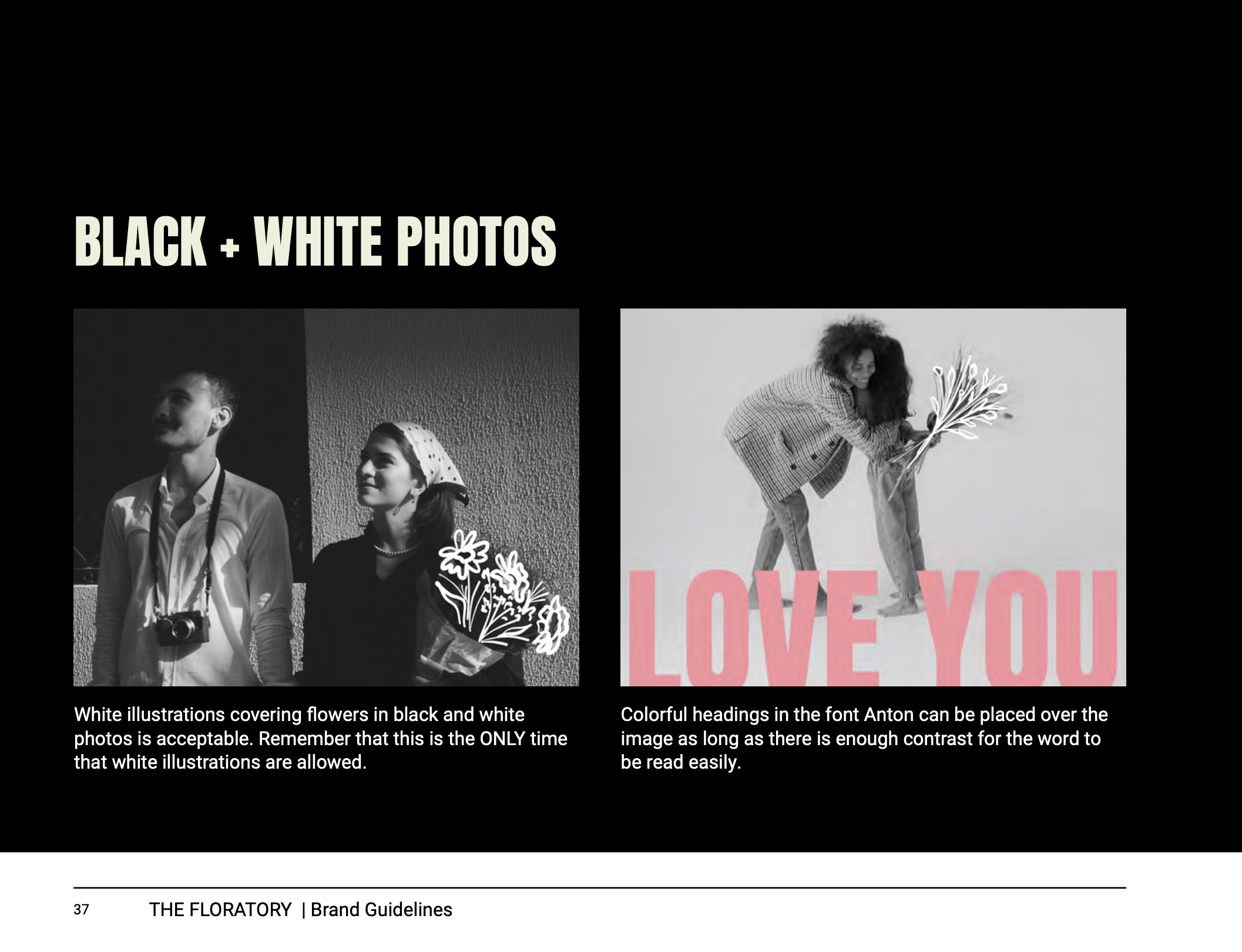  black and white photo suggestions from the floratory’s brand guidelines  