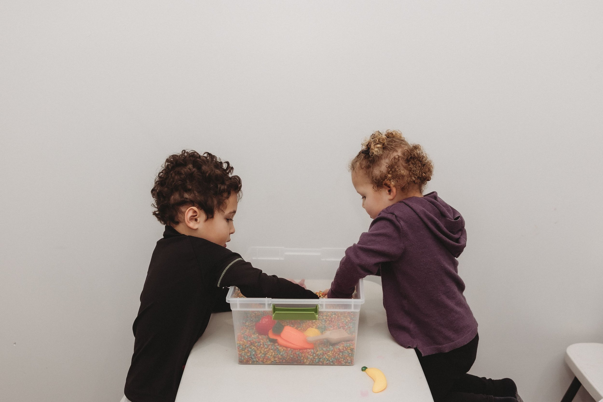  two children reach into a bin of toys during a therapy business' shoot with a central illinois photographer 