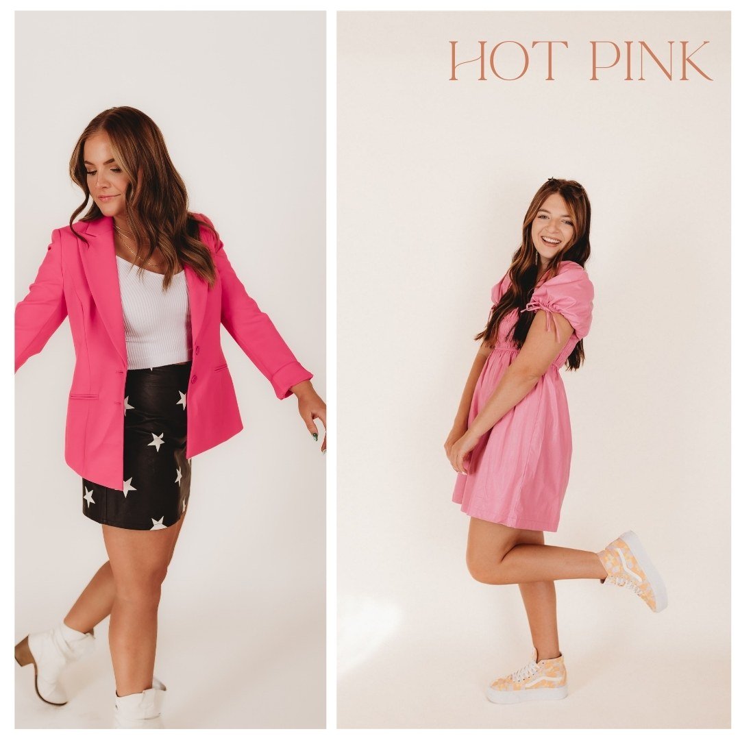  two photos of women wearing hot pink during brand photos 