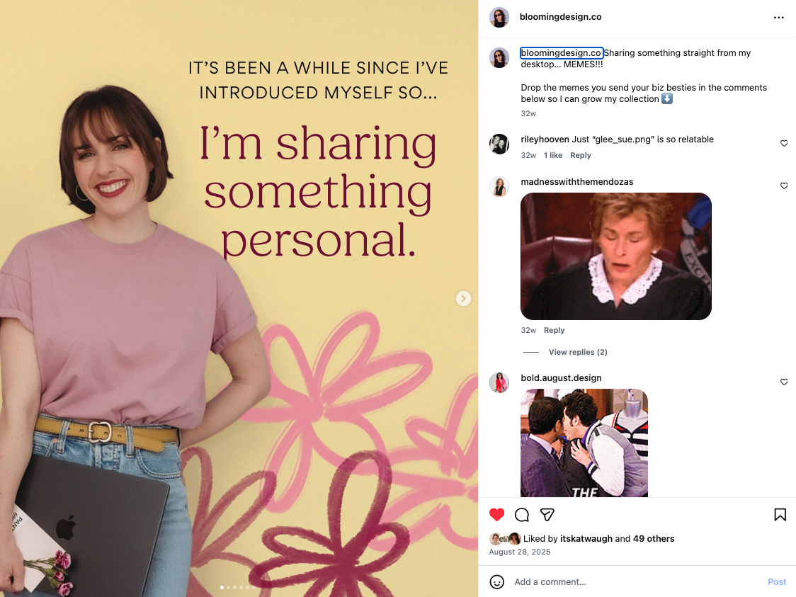 Blooming Design Co. founder Claire's Instagram post showcasing her cohesive brand photography and graphic design content strategy,
