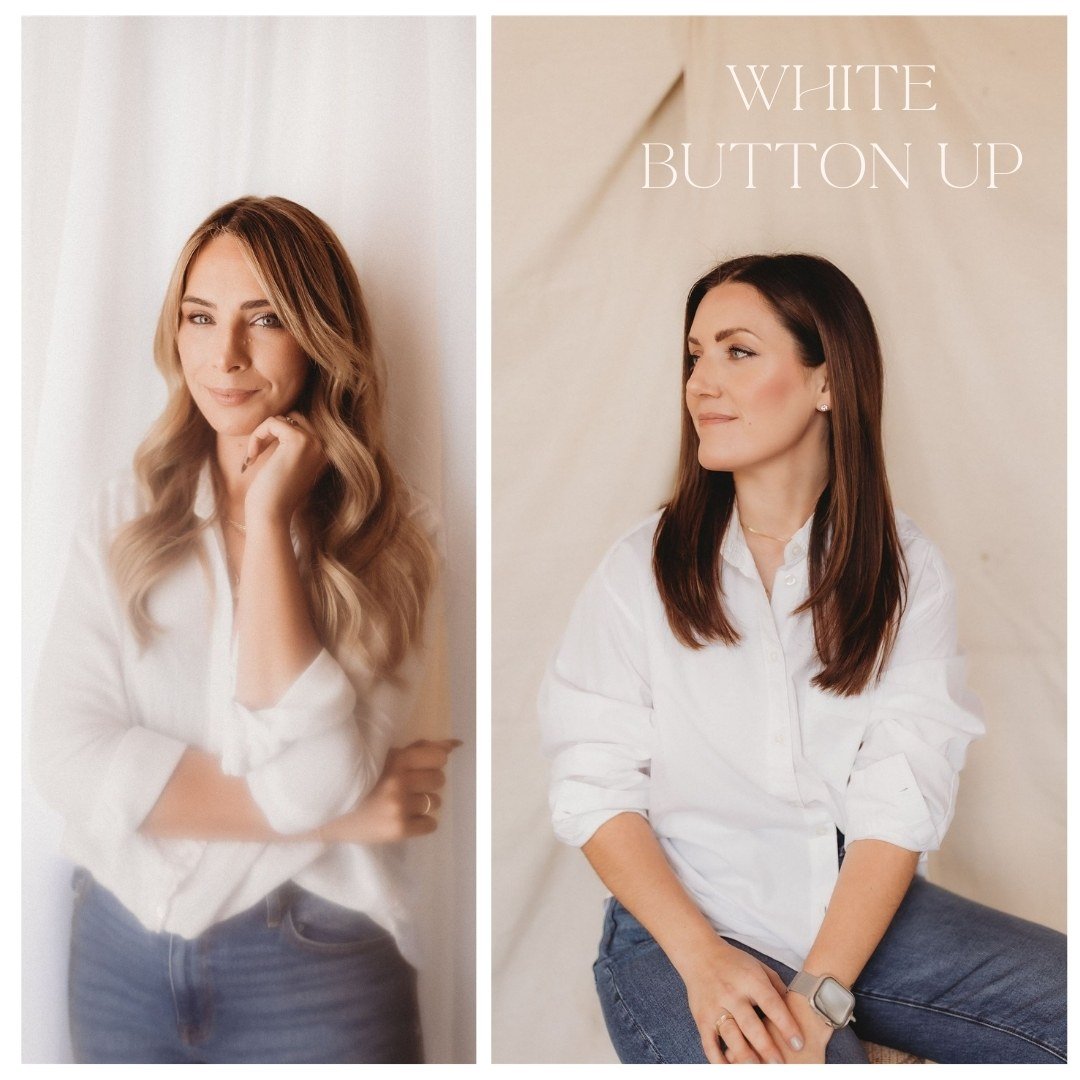  two photos of women wearing white button up tops at their brand photoshoots 