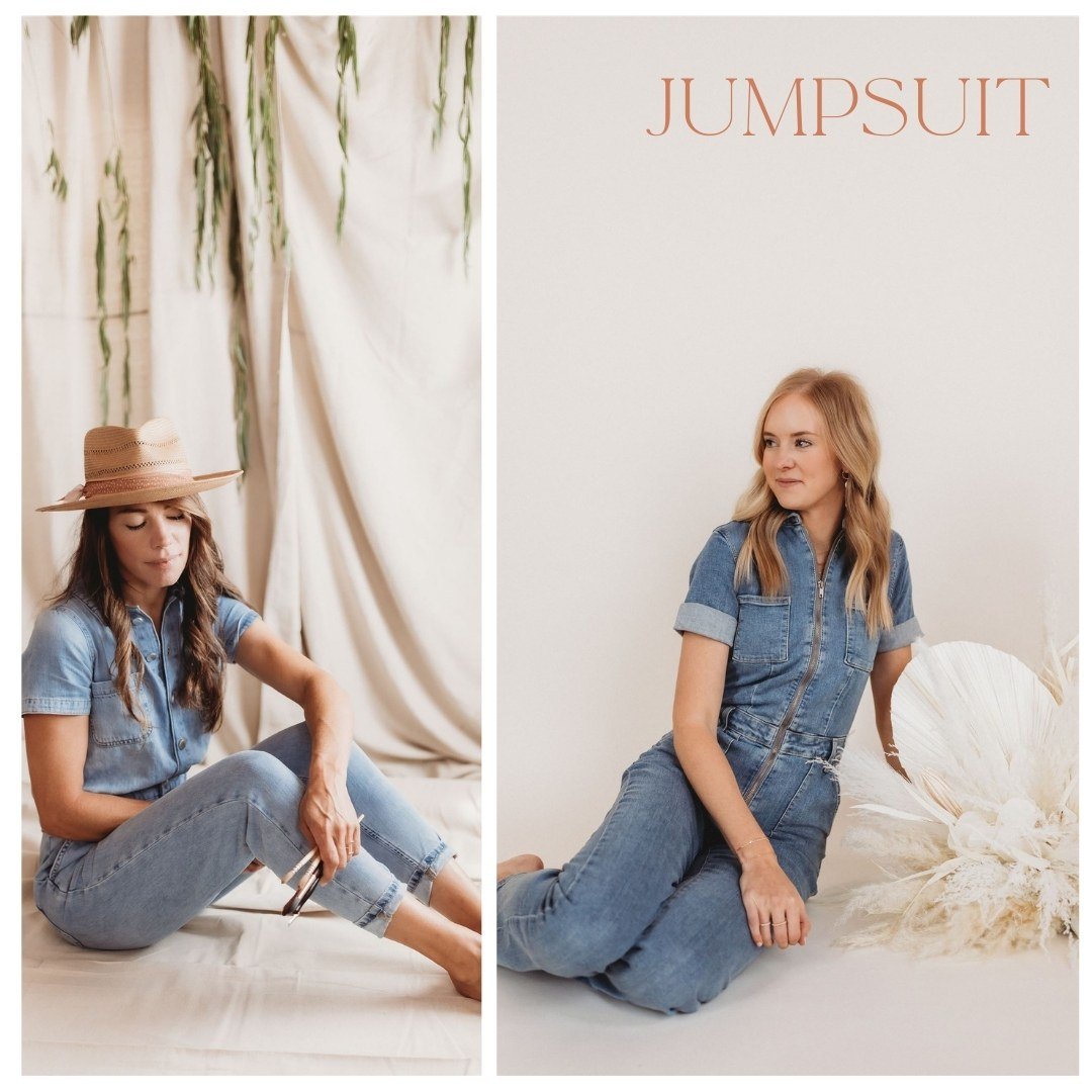  two photos of women wearing jumpsuits for brand photos 
