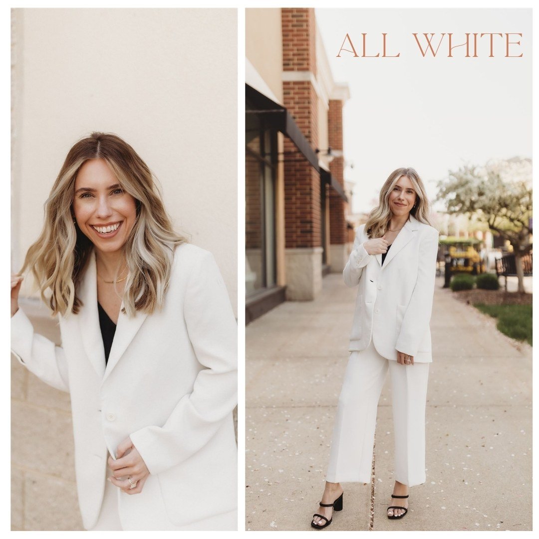  two photos of a woman wearing all white 