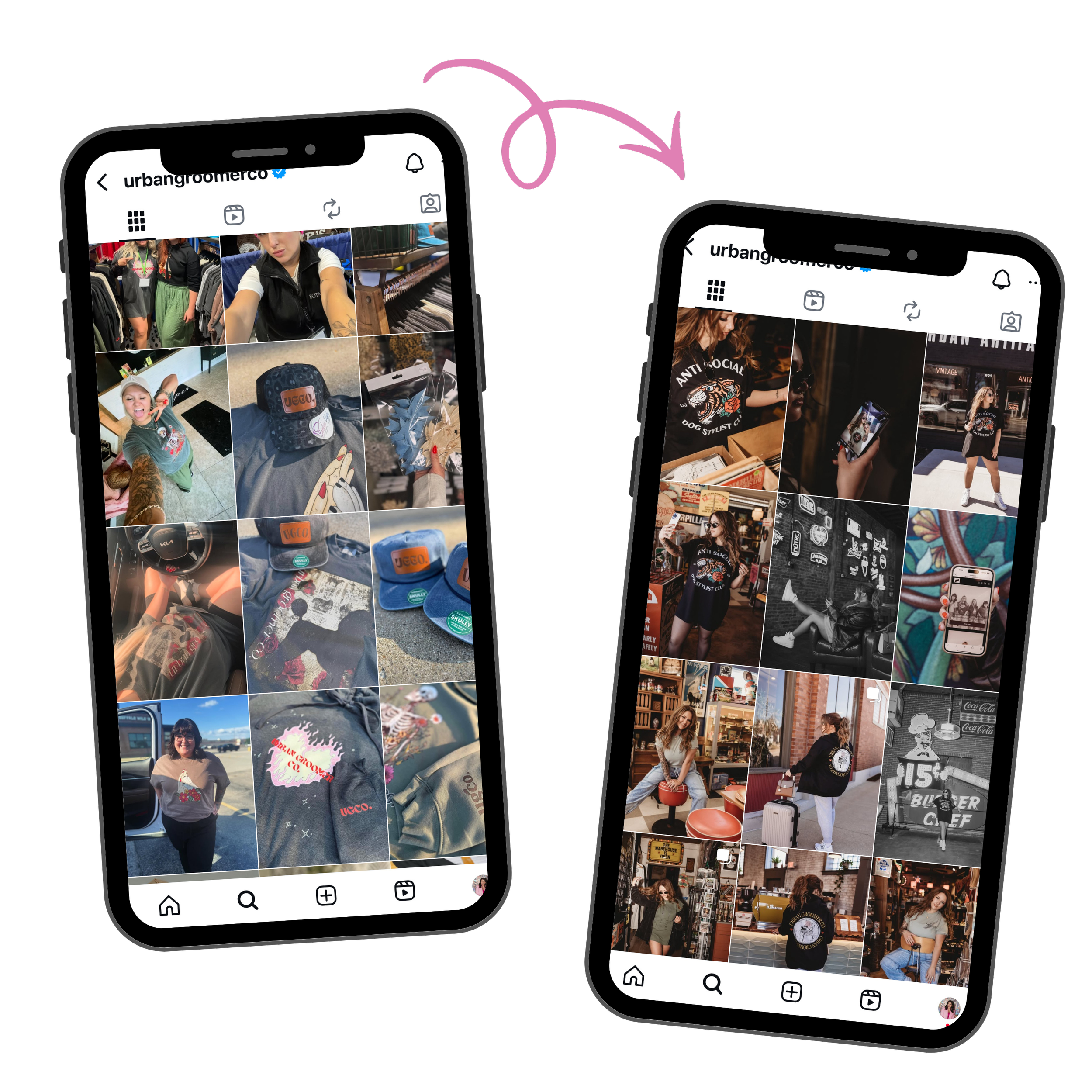 Two smartphones displaying Instagram profile pages with photos of people, fashion, and accessories, set against a black background.