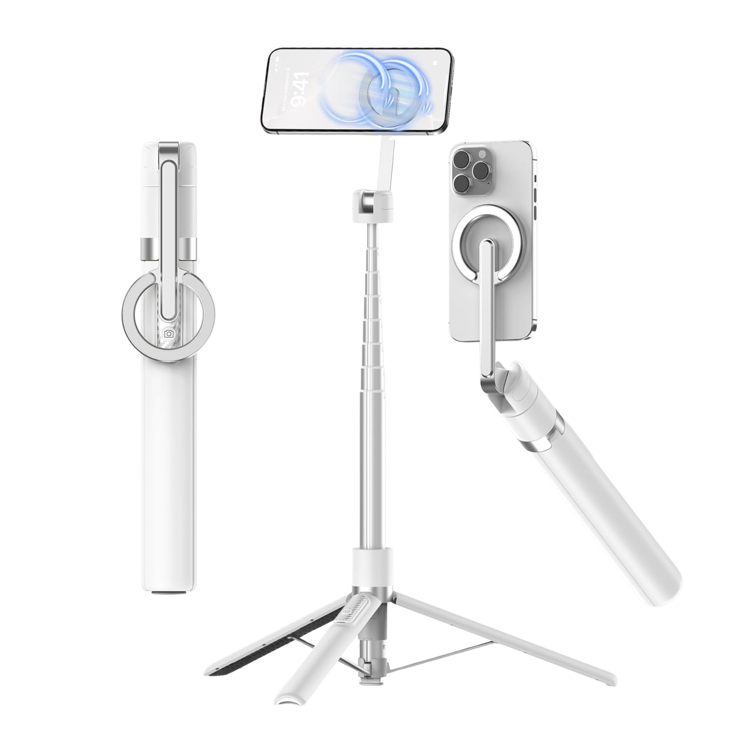 A collection of smartphone accessories and mounts on a tripod stand, including wired and wireless charging devices, with the phones arranged for display.