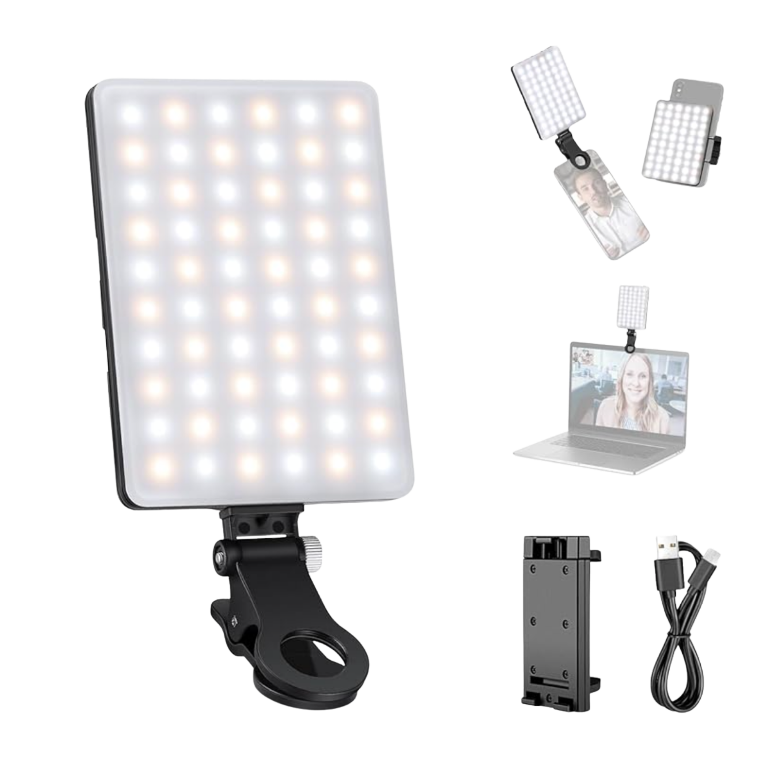 LED lighting kit with adjustable arm, two clip-on LED panels, laptop mount, power adapter, and USB cable for photography or video streaming.