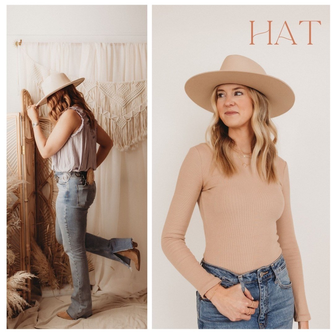  two photos of a woman wearing a hat at their brand photoshoot 