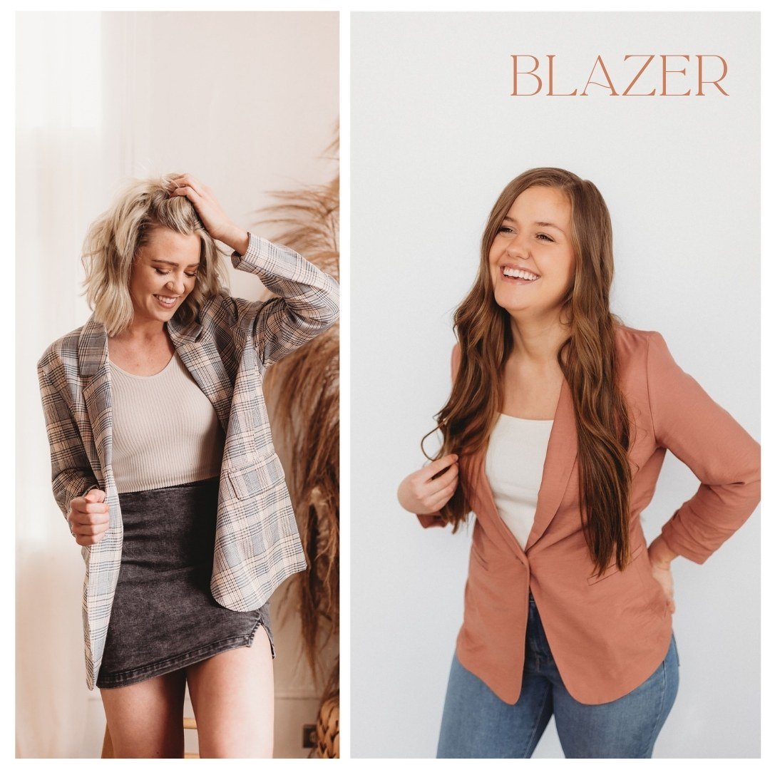  two photos of women smiling while wearing a blazer during brand photos 