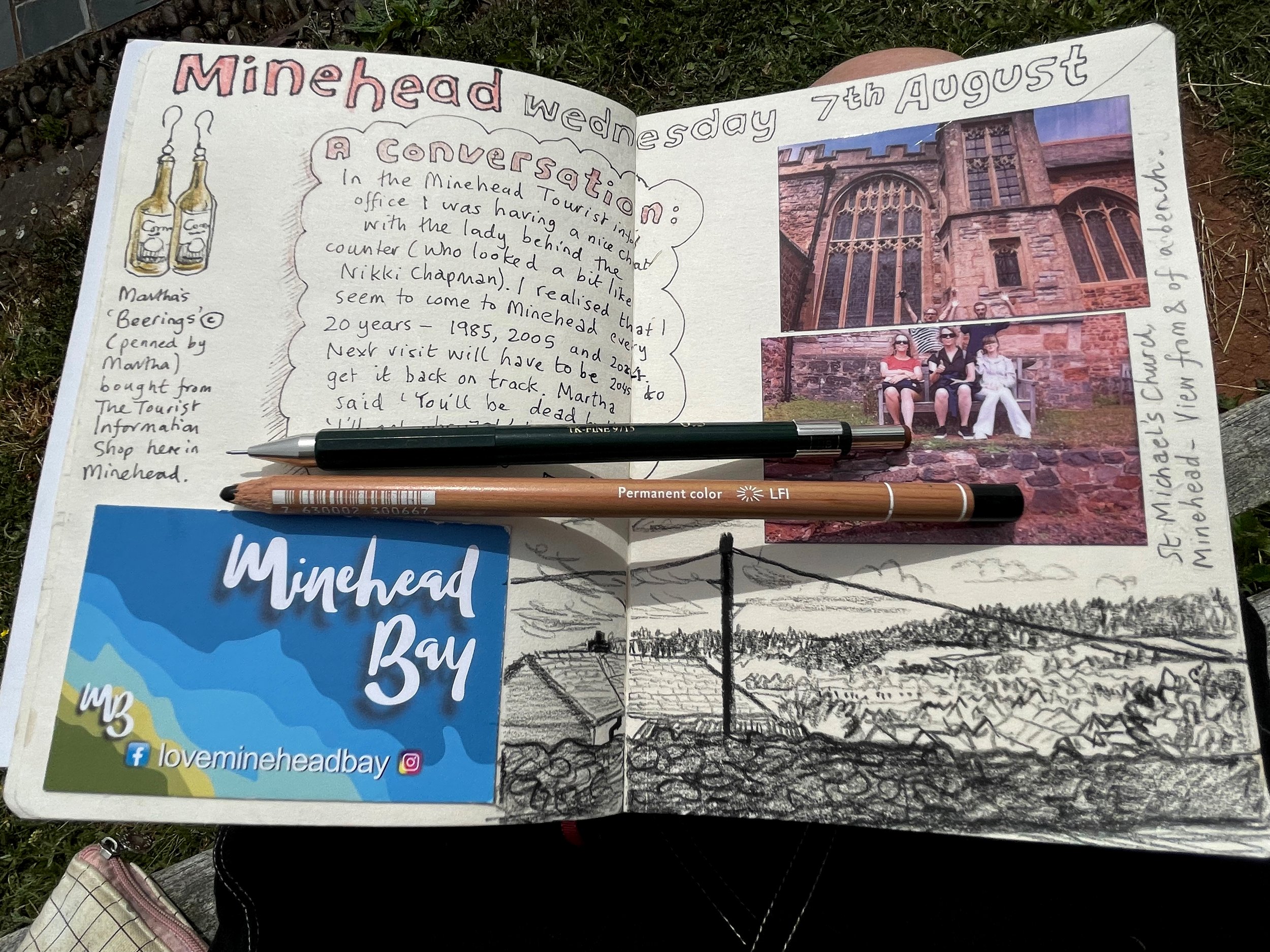 In-situ sketch and doodlings from on high, on a bench outside St Michael's Church, Minehead, Somerset. 