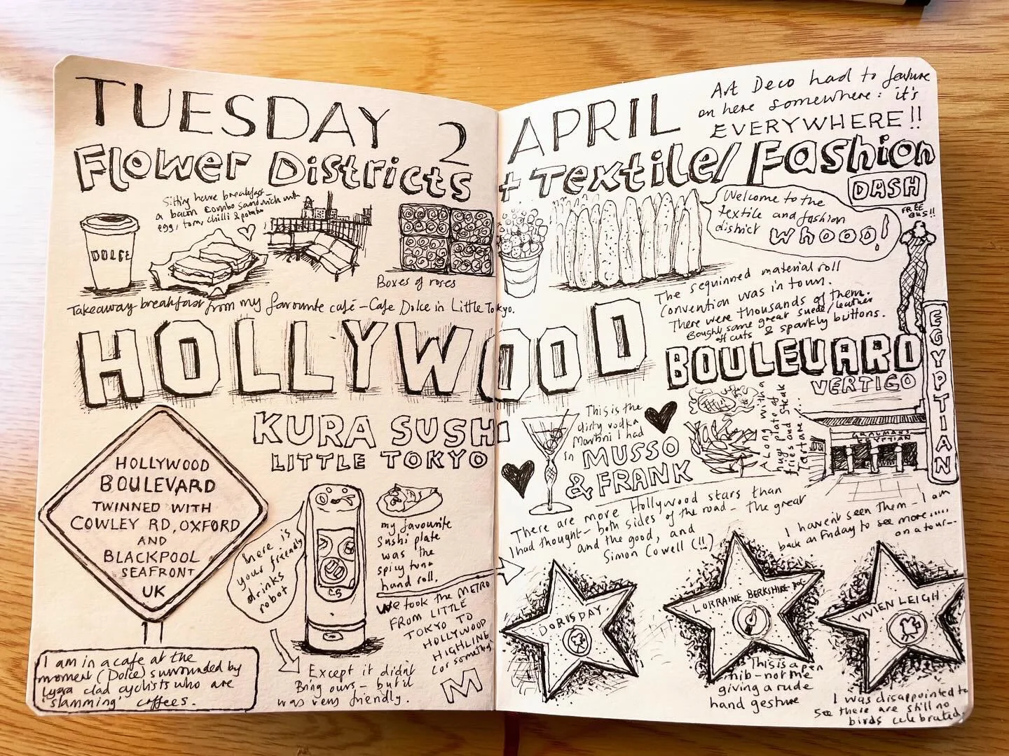 HOLLYWOOD:
I went to Los Angeles for a week and managed to make a daily roundup sketch for the first three days.