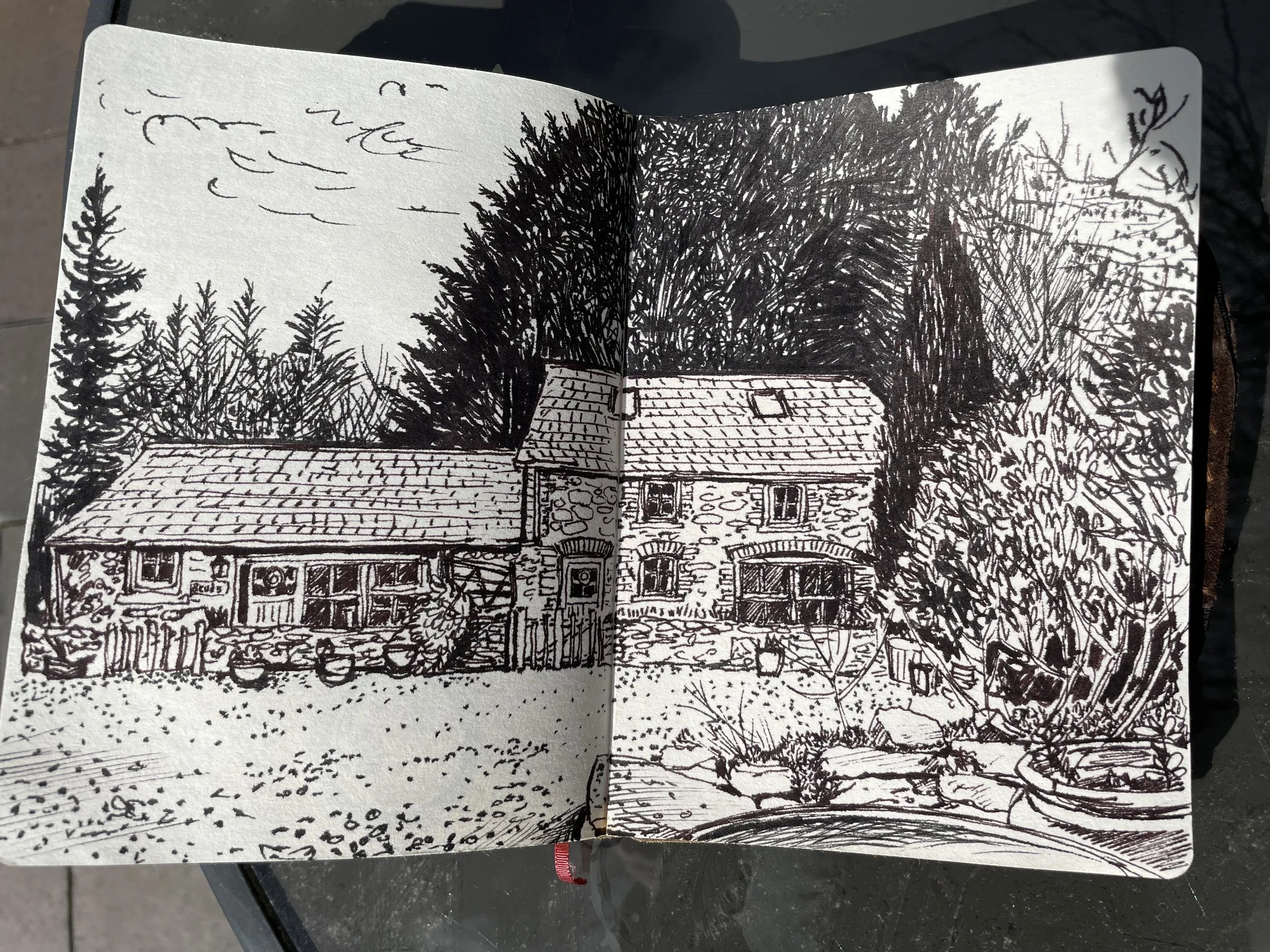 I made this sketch in about an hour, on a chilly but sunny morning of the cottage 'Ystabl' near the village of Llannon in South Wales. I liked the brooding conifers behind the quaint cottage, it was a lovely place.  