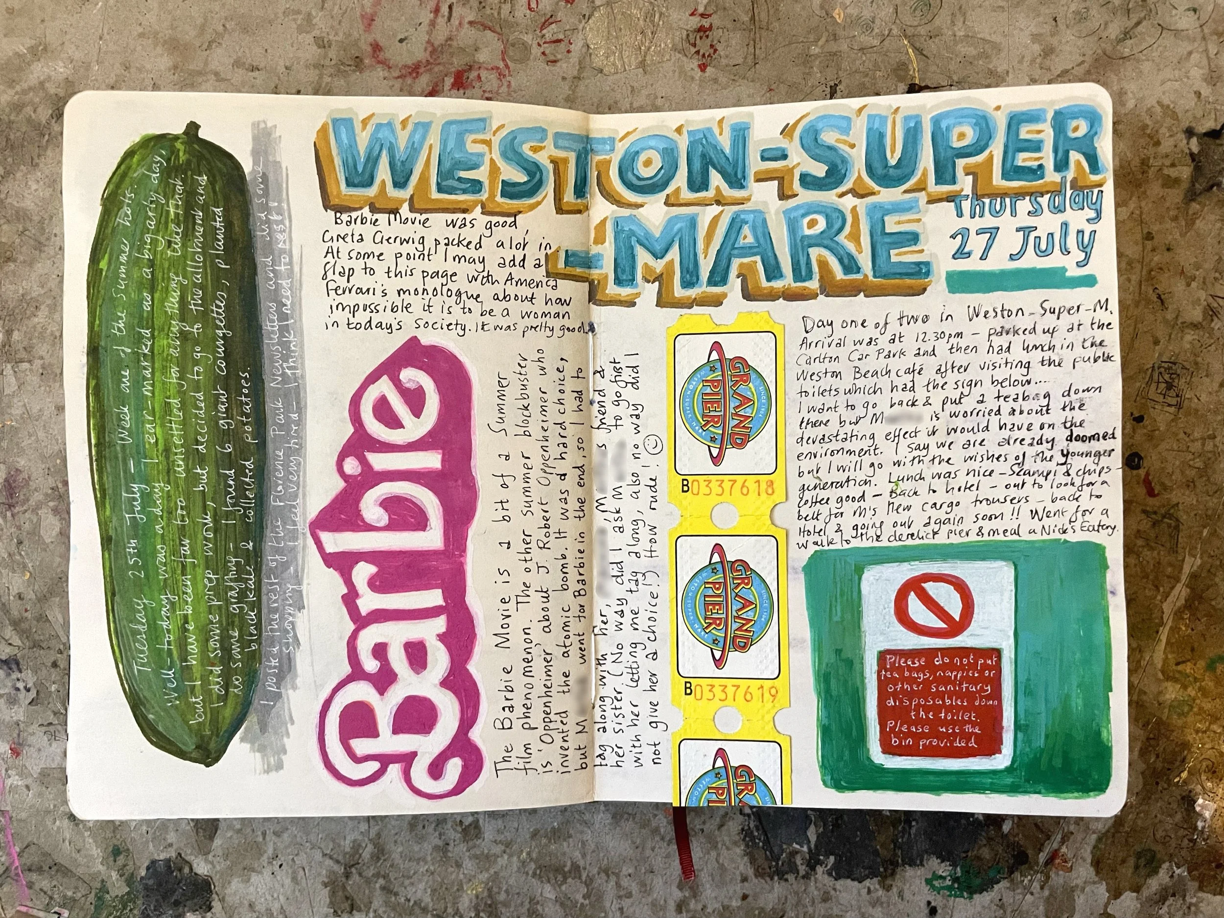 A double page spread of a few days events at the start of the school summer holidays. I work as a higher level teaching assistant in a primary school, the holidays means I have (theoretically) more time to do art!.At worst, I have more interesting th