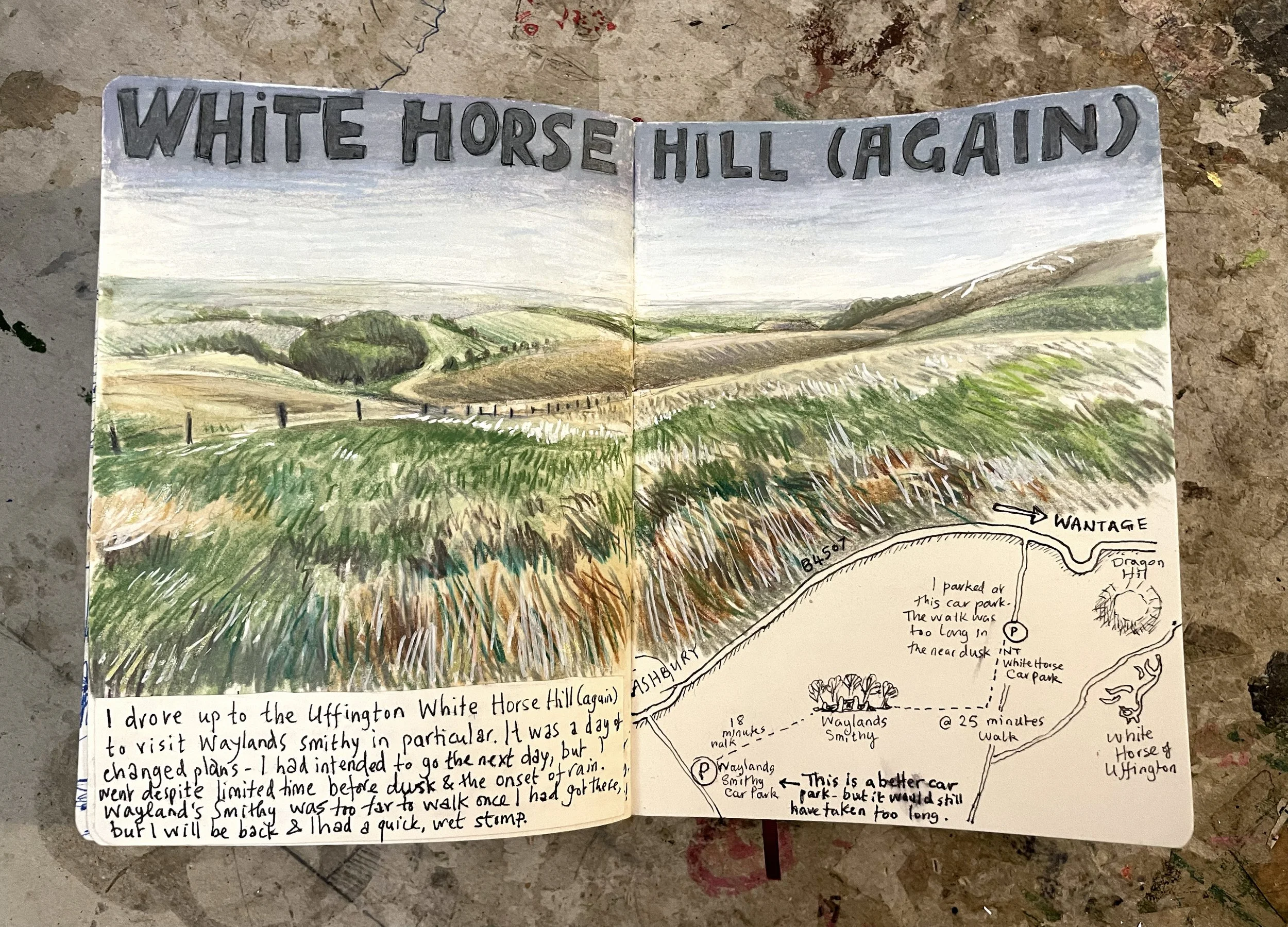 I drew this sketchbook page illustration of White Horse Hill at Uffington, Oxfordshire from photos that I took earlier in the day. The weather was not good and it was getting dark. 