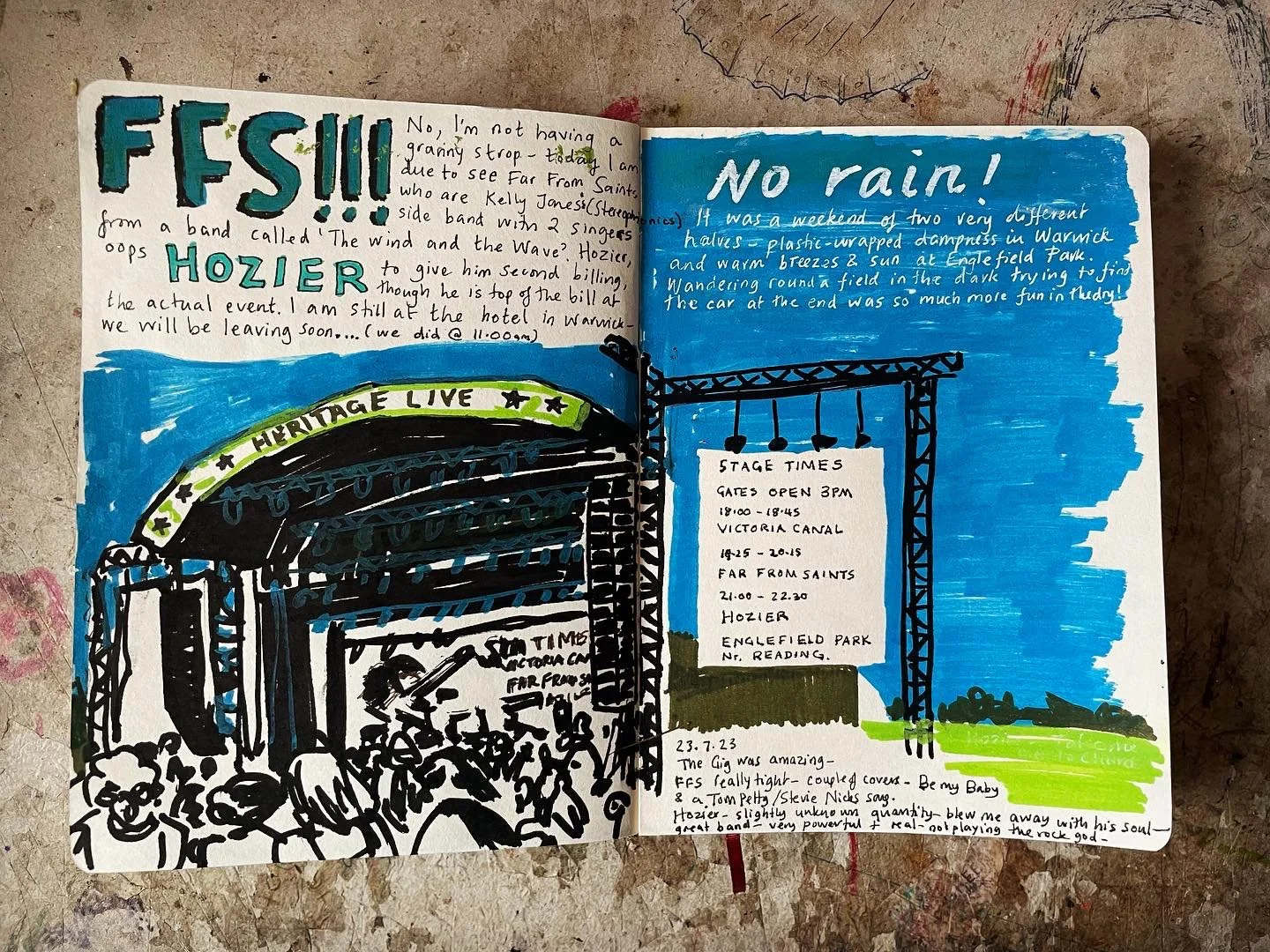 Sketching with acrylic paint markers, just using 3 pens to make a bold drawing of an outdoor music event. 