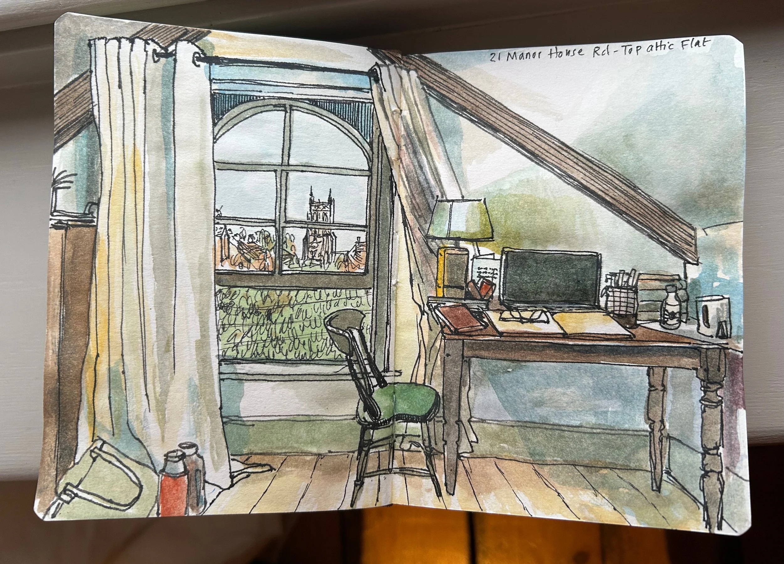 Air bnb room in Glastonbury, pen & ink and watercolour