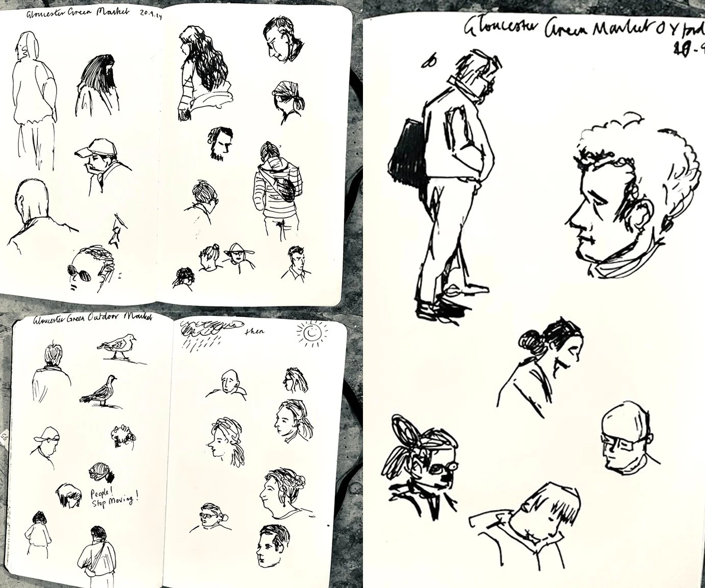 Sketches of people made in Gloucester Green Outdoor Market.
