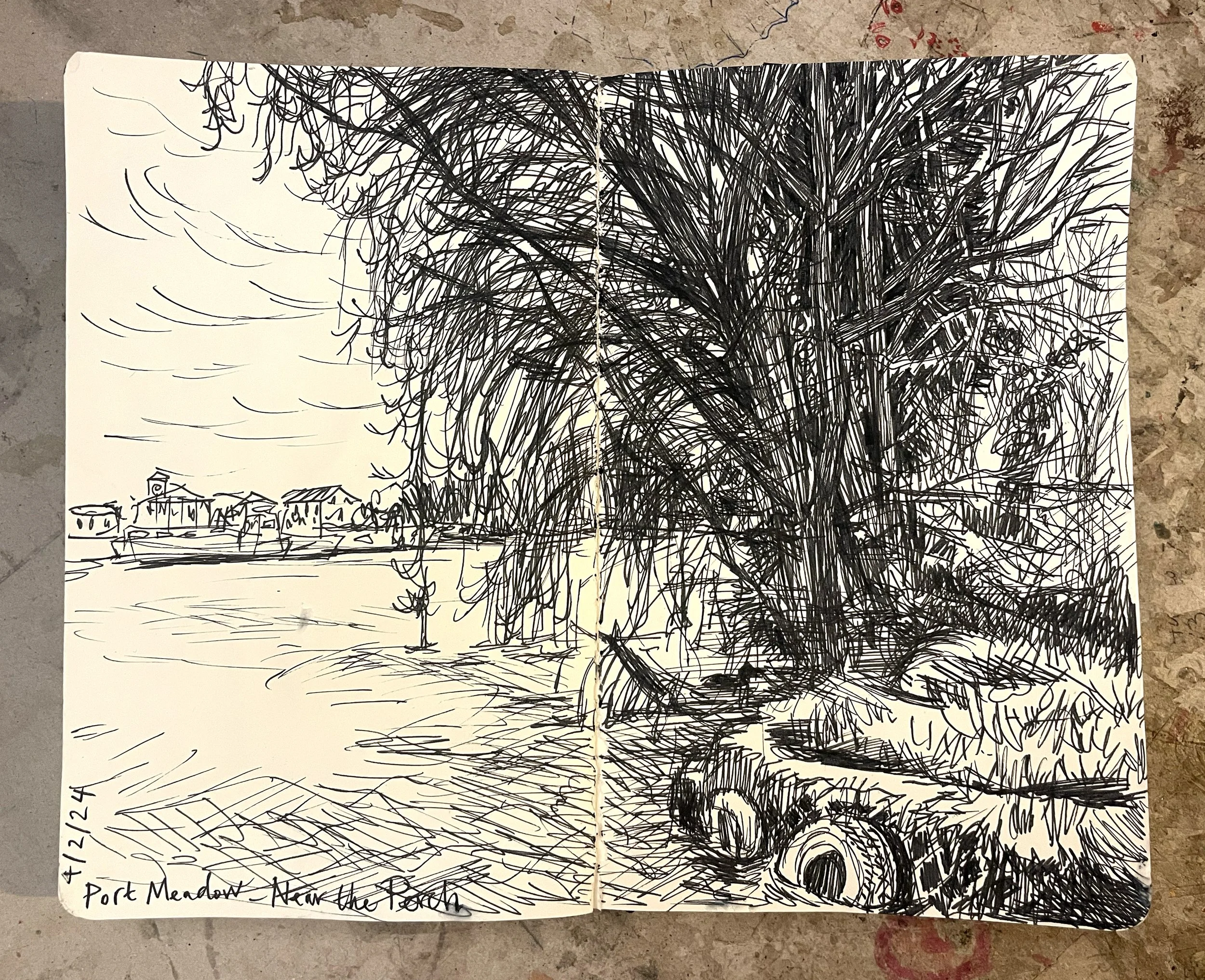 A half hour sketch by The Thames at Port Meadow, Oxford at the mid point of a cycle ride of a very dank Sunday in February. View towards Jericho and the town centre.
